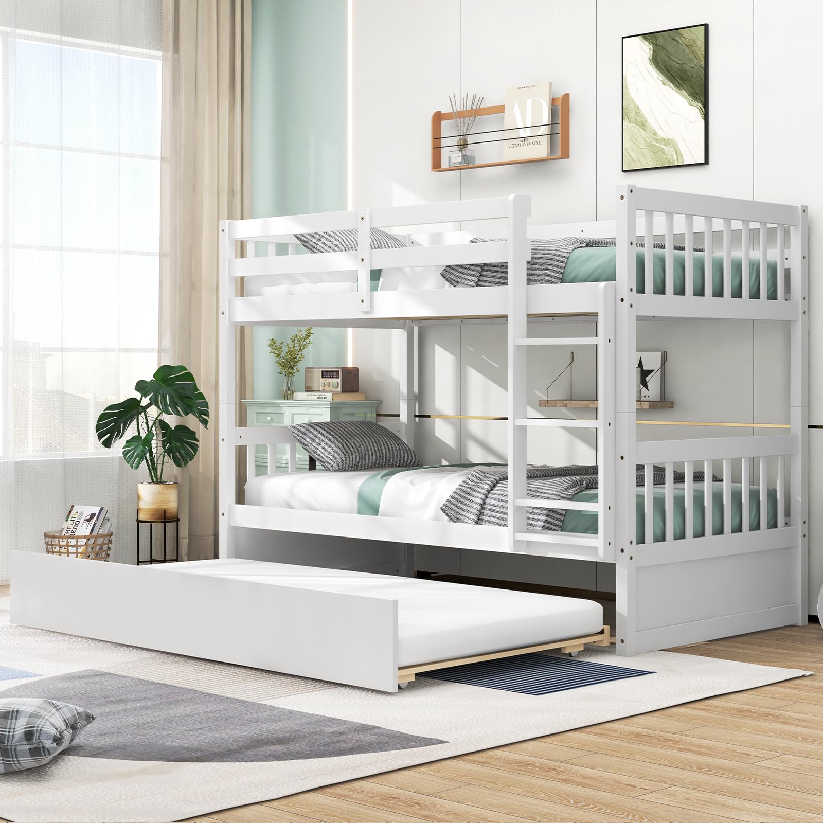 KOMFOTT 2-in-1 Convertible Twin Over Twin Wood Bunk Bed with Trundle