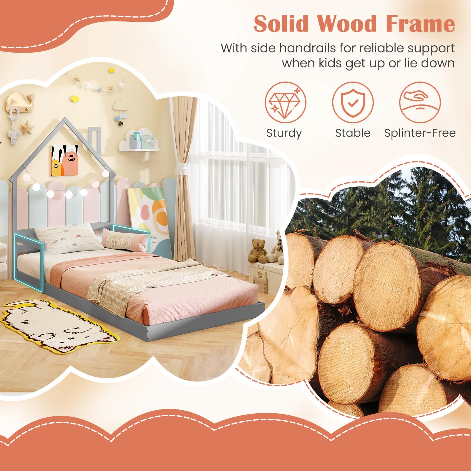 KOMFOTT Twin Floor Bed for Kids, Wood Montessori Bed with Chimney Headboard, Without Slats
