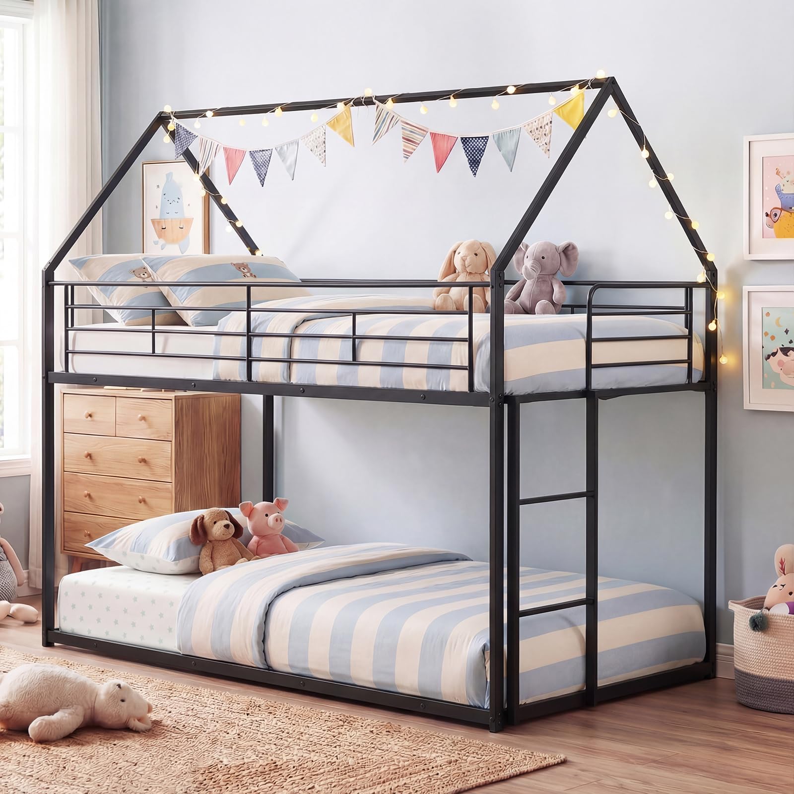 KOMFOTT Low Bunk Bed Twin Over Twin with Roof