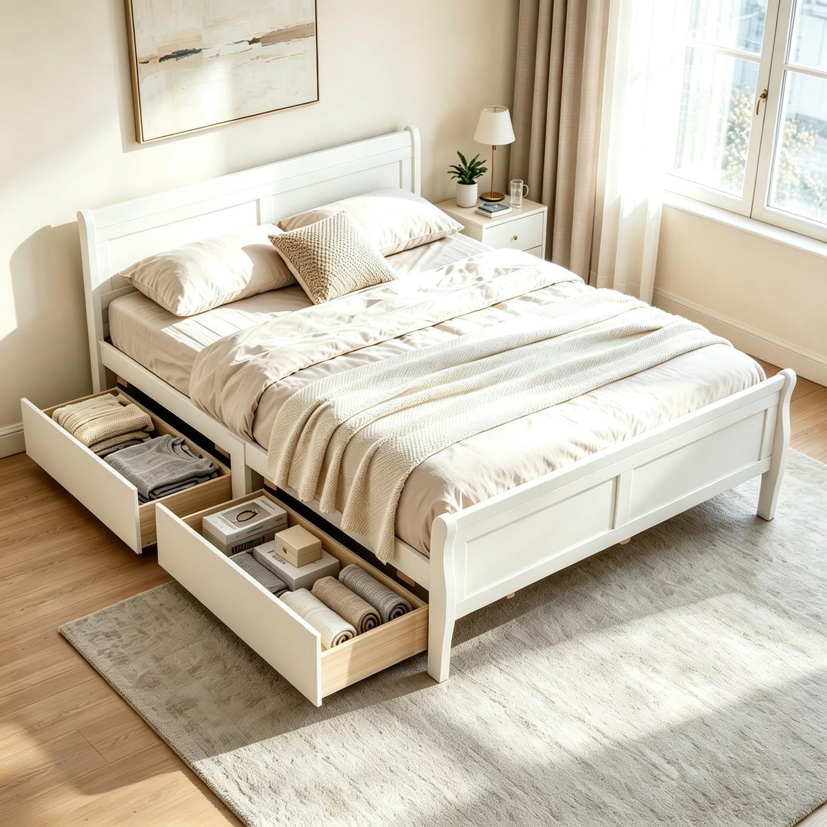 KOMFOTT Twin Size Sleigh Wood Bed Frame with 2 Storage Drawers