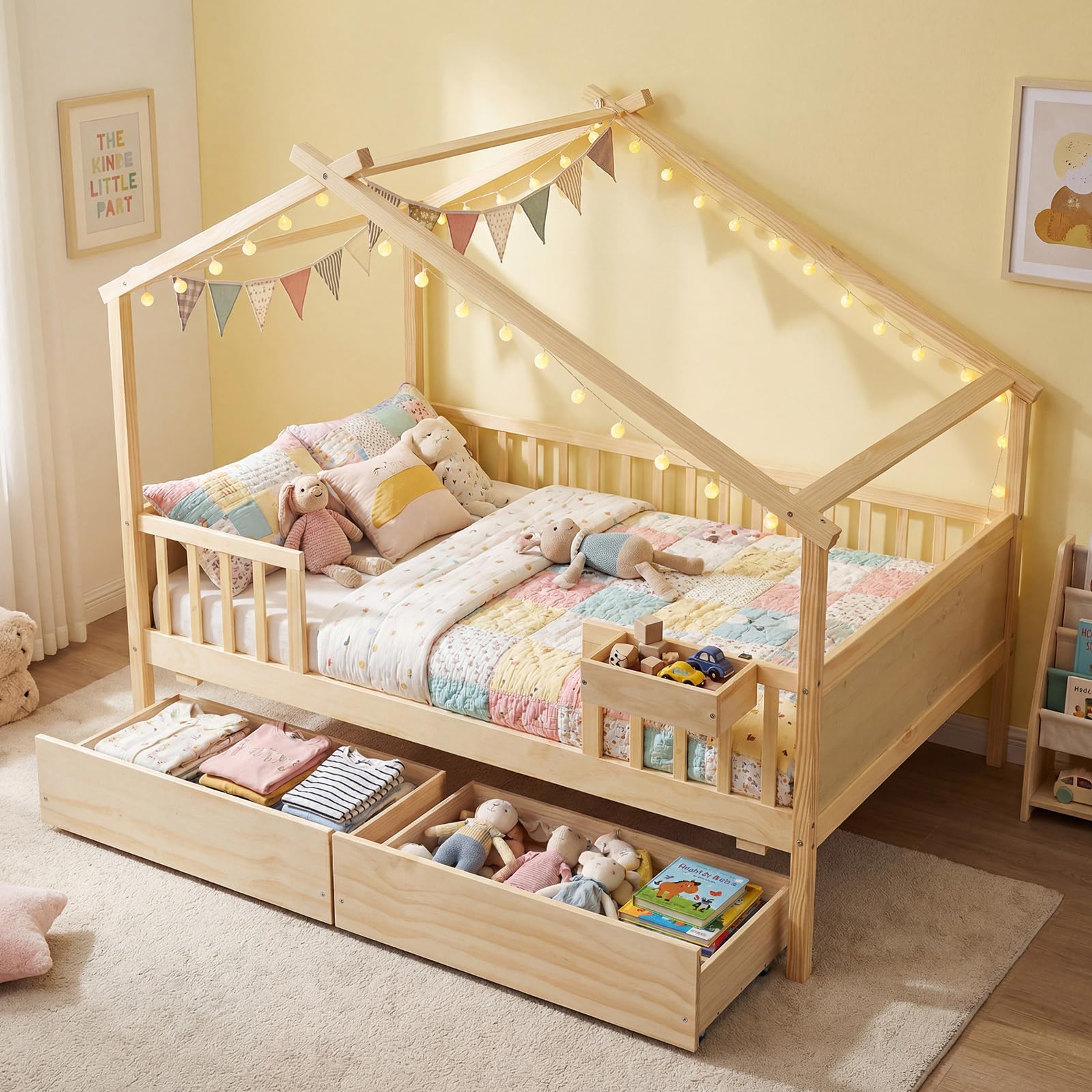 KOMFOTT Full Size House Bed for Kids with 2 Rolling Drawers & Roof & Fence Rails