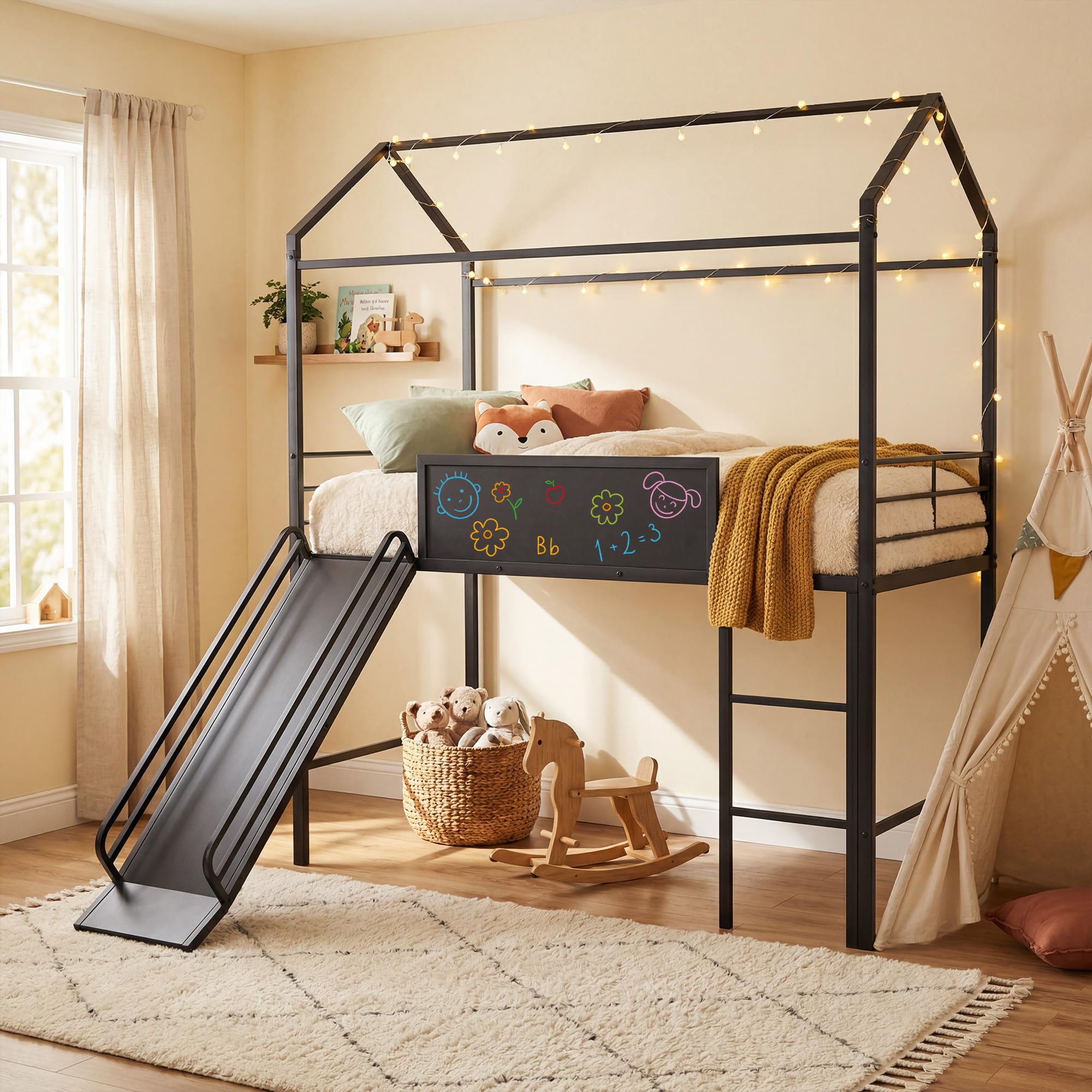 KOMFOTT Twin House Loft Bed for Kids House-Shaped Bed Frame Featuring Chalkboard