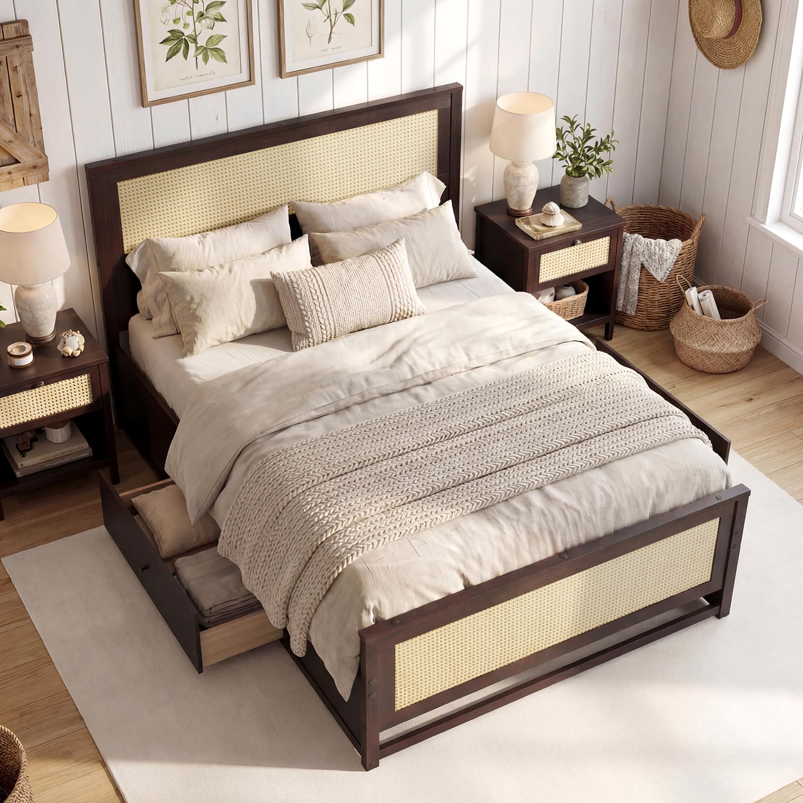 KOMFOTT Rattan Bed Frame with 2 Storage Drawers