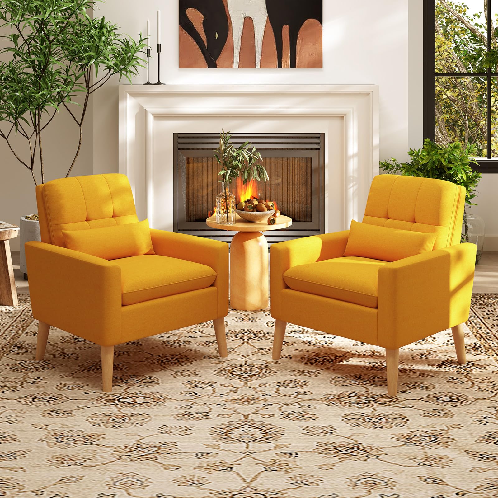 KOMFOTT Modern Linen Accent Chair, Upholstered Tufted Armchair with Lumbar Pillow, Rubber Wood Legs, Padded Cushion
