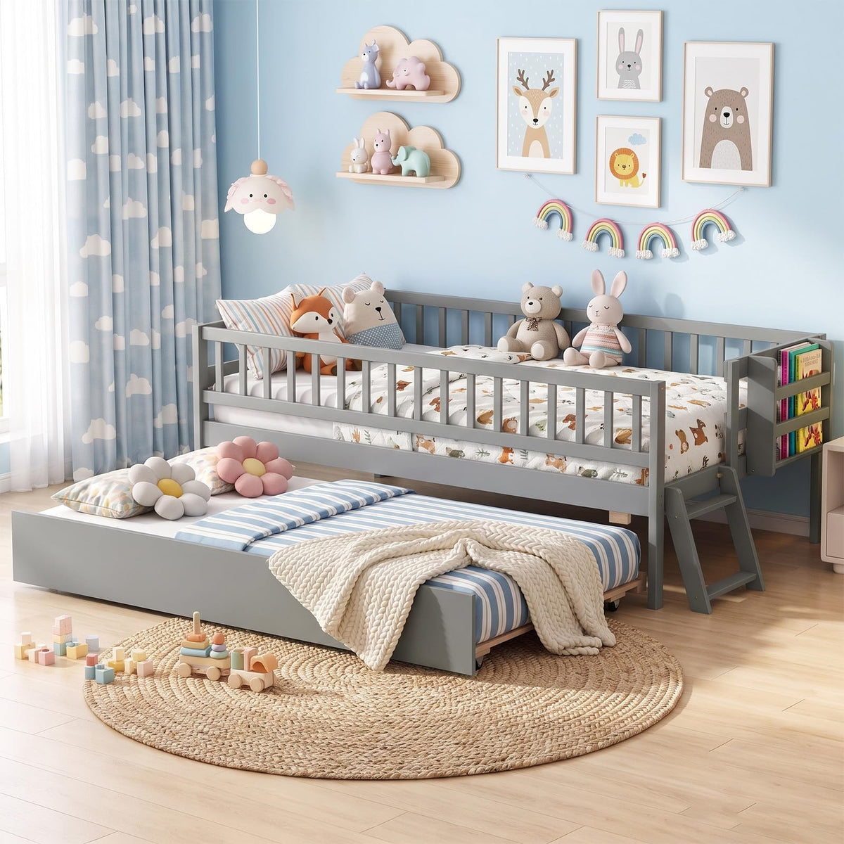KOMFOTT Twin Bed Frame with Trundle & Bookshelf(with Trundle)