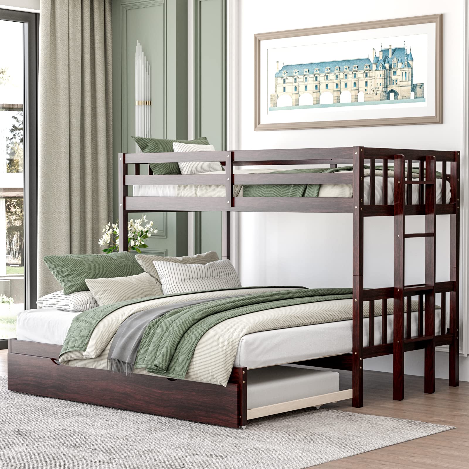KOMFOTT Twin Over Full Bunk Bed with Trundle,  Extendable Twin/Full/Queen/King Bunk Bed