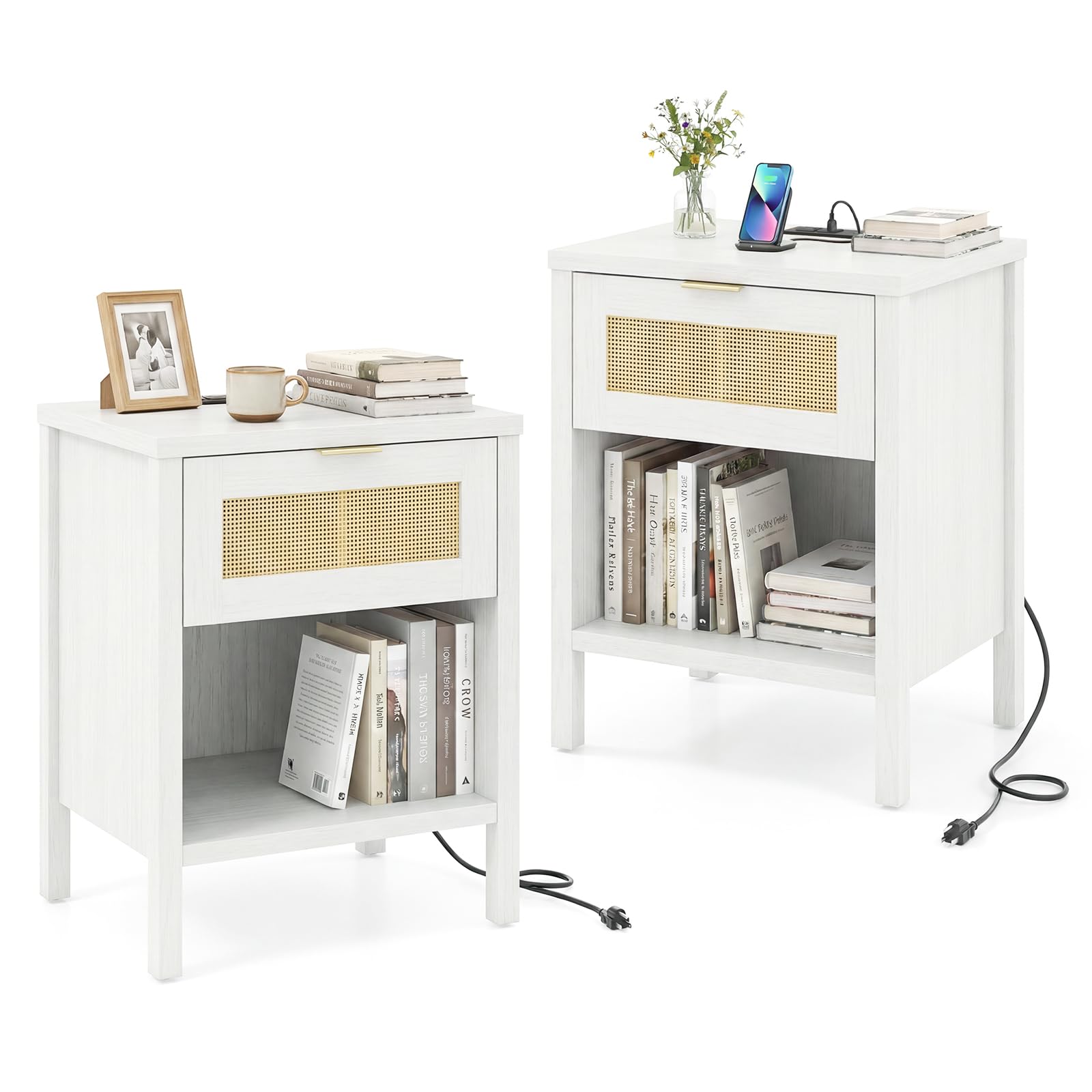 KOMFOTT Rattan Nightstand with Charging Station