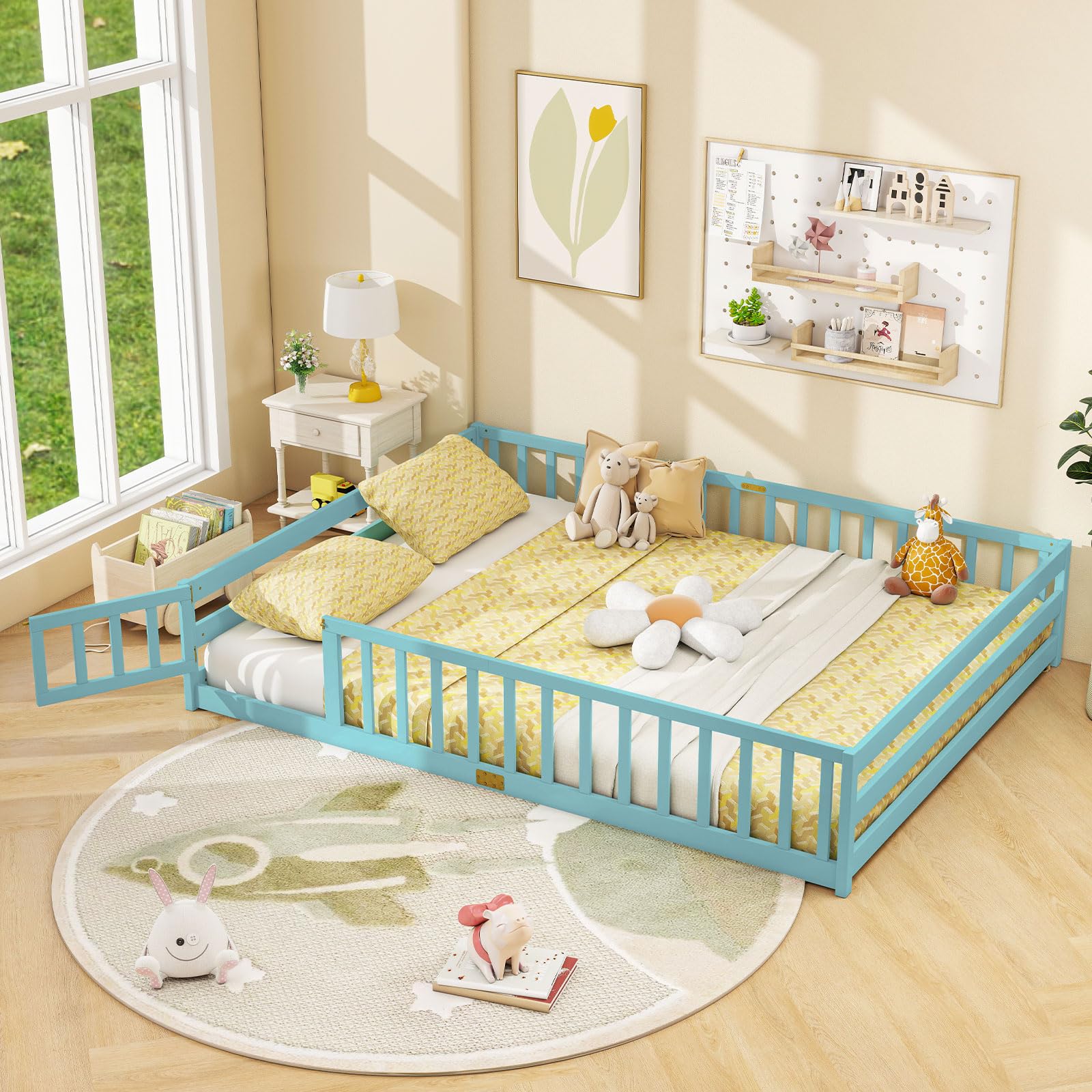 KOMFOTT Twin Floor Bed with Door & Fence, Kids Wood Montessori Bed with Safety Guardrails