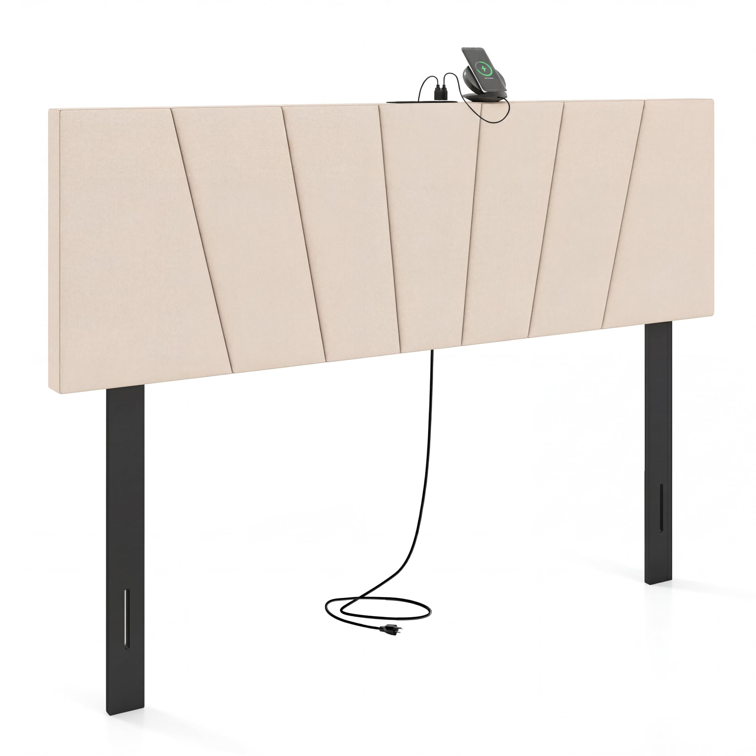 KOMFOTT Upholstered Full & Queen Headboard with Charging Station(Vertical Channel)