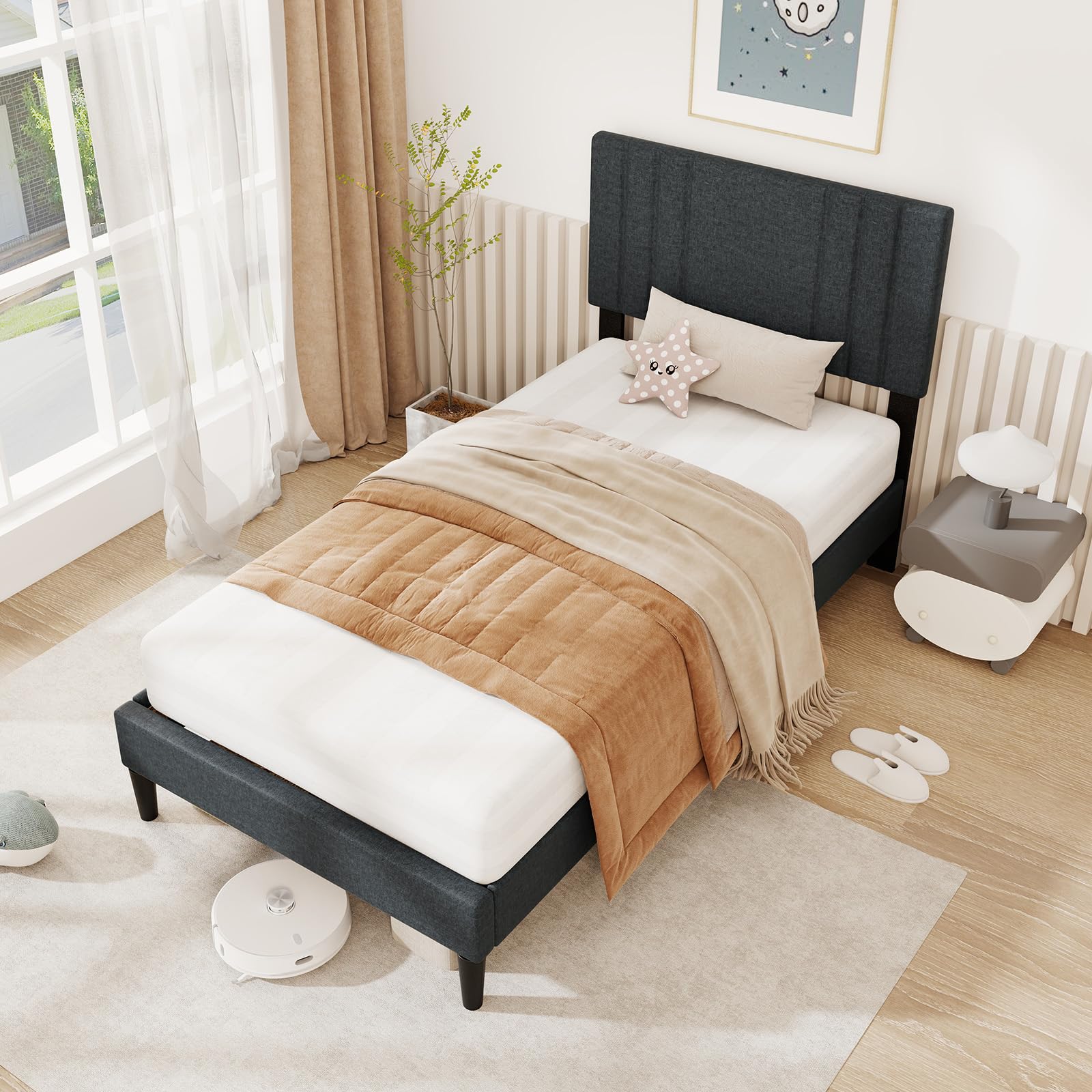 KOMFOTT Upholstered Platform Bed Frame(Vertical Channel Tufted)
