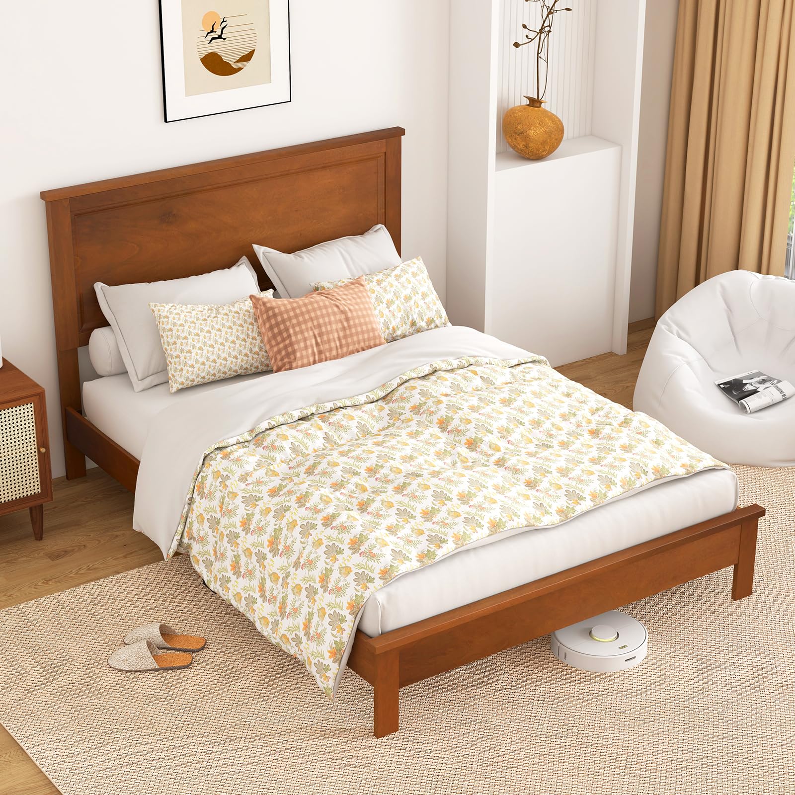 KOMFOTT Wood Platform Bed Frame with Headboard, Mid Century Platform Bed Frame with Solid Wood Legs & Wooden Slat Support