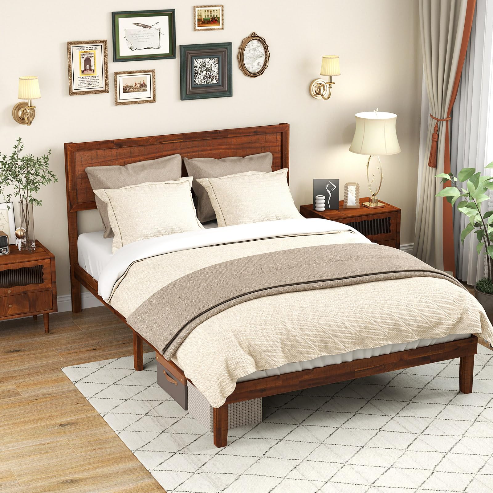 KOMFOTT Retro Wood Bed Frame with Headboard