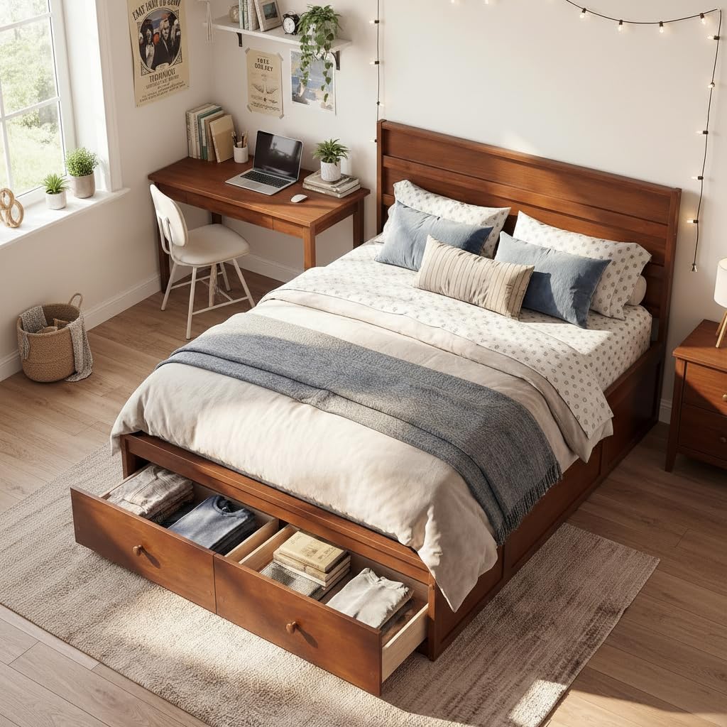 KOMFOTT Twin/Full Size Bed Frame with 2 Storage Drawers