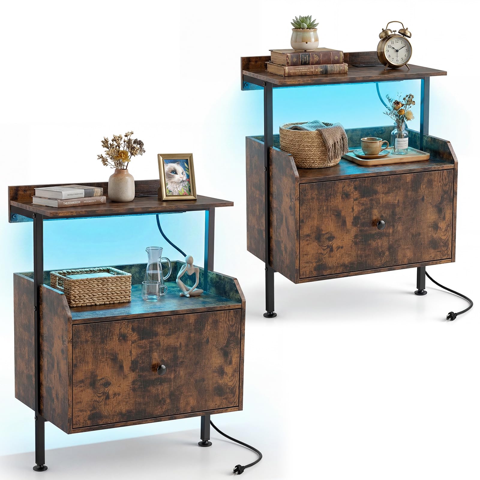 KOMFOTT Nightstand with LED Lights & Charging Station (21" x 16" x 29.5")