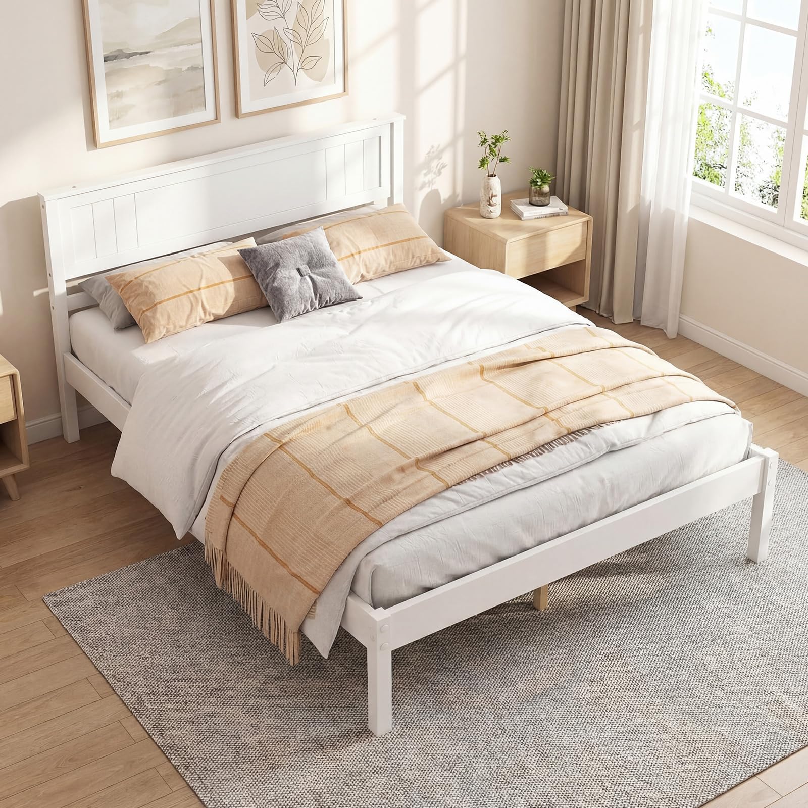 KOMFOTT Wooden Platform Bed Frame with Headboard & Wood Slat Support