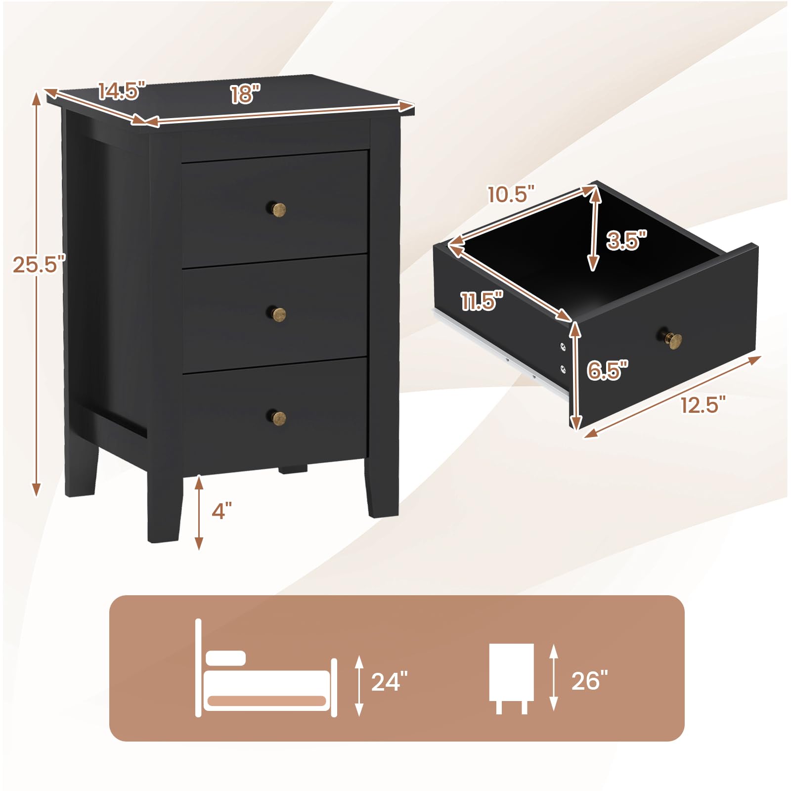 KOMFOTT 3 Drawers Nightstand Set of 1/2（18" x 14.5" x 26"）