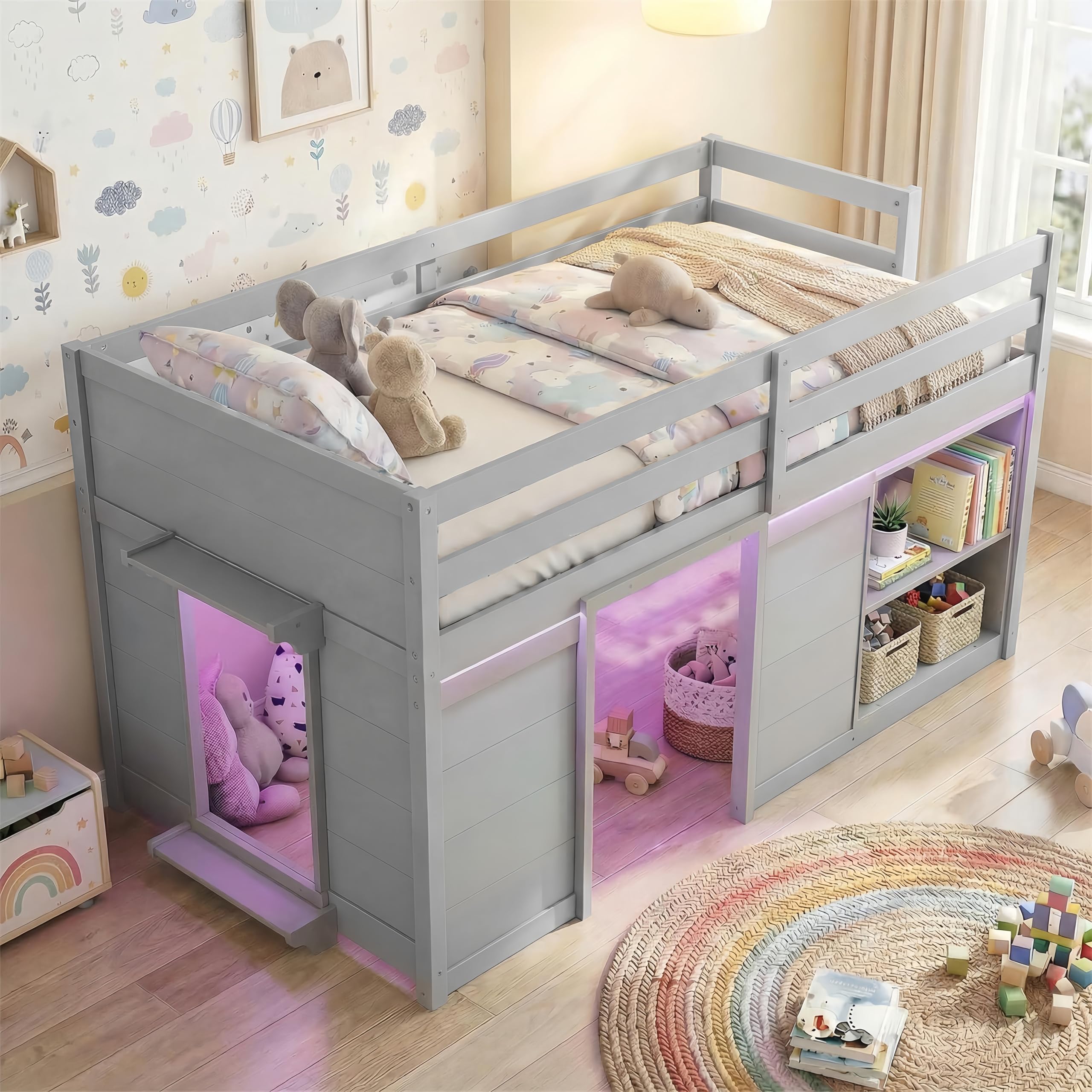 KOMFOTT Twin Low Loft Bed with LED Lights & 2 Doors, Under-Bed Play Space & Storage Bookcase