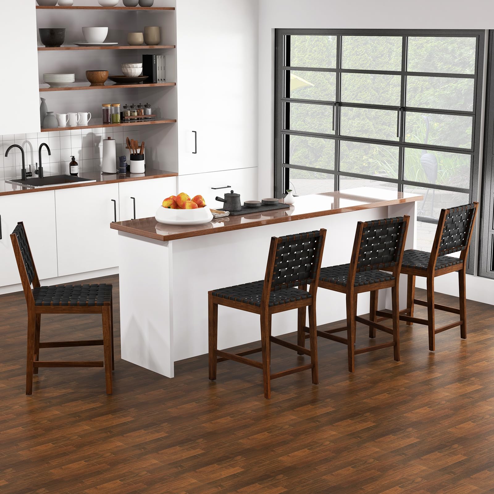 KOMFOTT 24" Counter Height Bar Stools Set of 2/4, Solid Wood Woven Rustic Barstools w/Faux PU Leather Straps