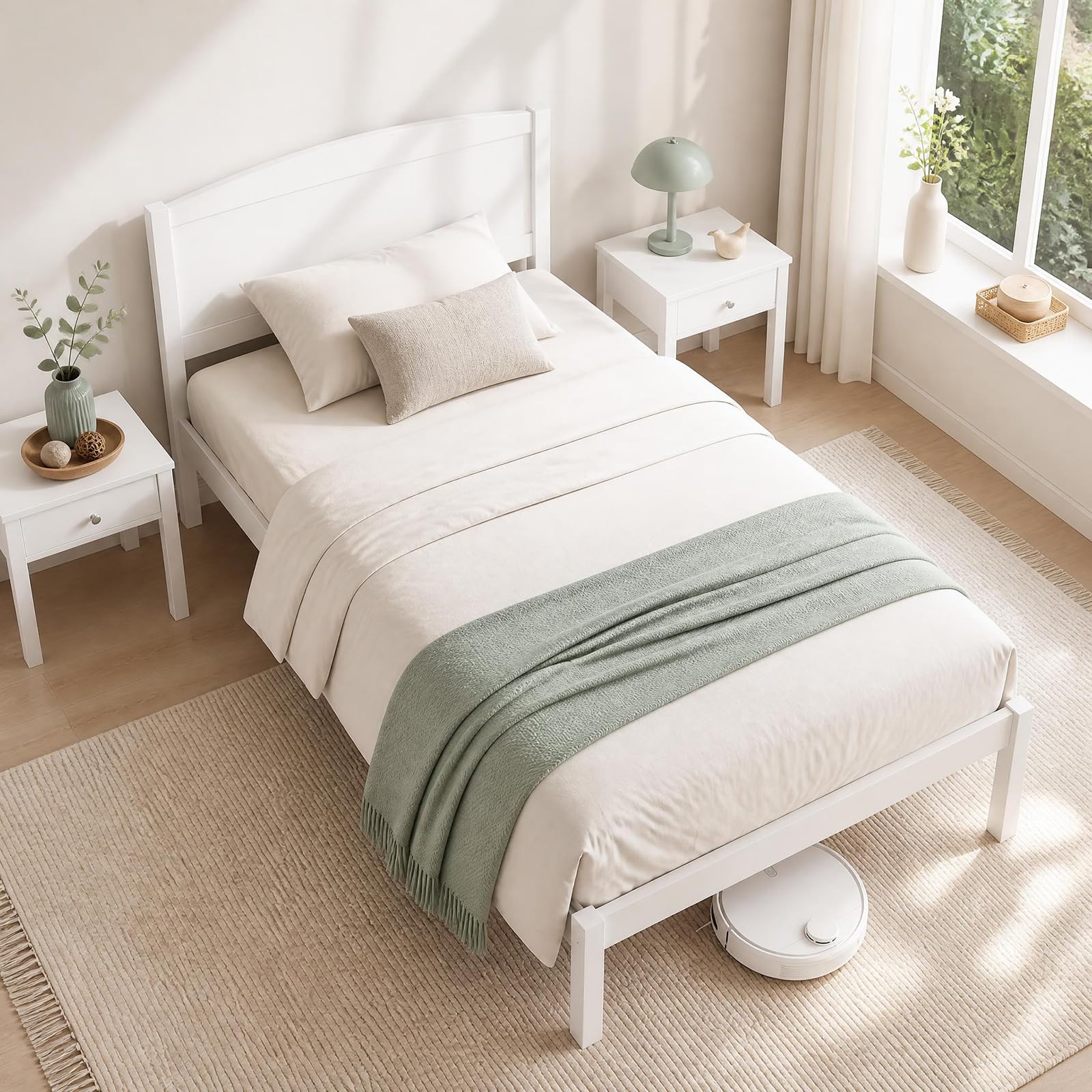 KOMFOTT Full/Twin/King/Queen Size Bed Frame Wooden Platform Bed with Curved Headboard