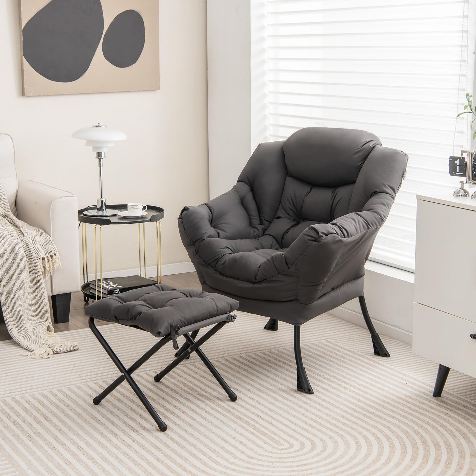 KOMFOTT Lazy Sofa Chair with Ottoman, Upholstered Leisure Lounge Armchair with Folding Footrest, Side Storage Pocket