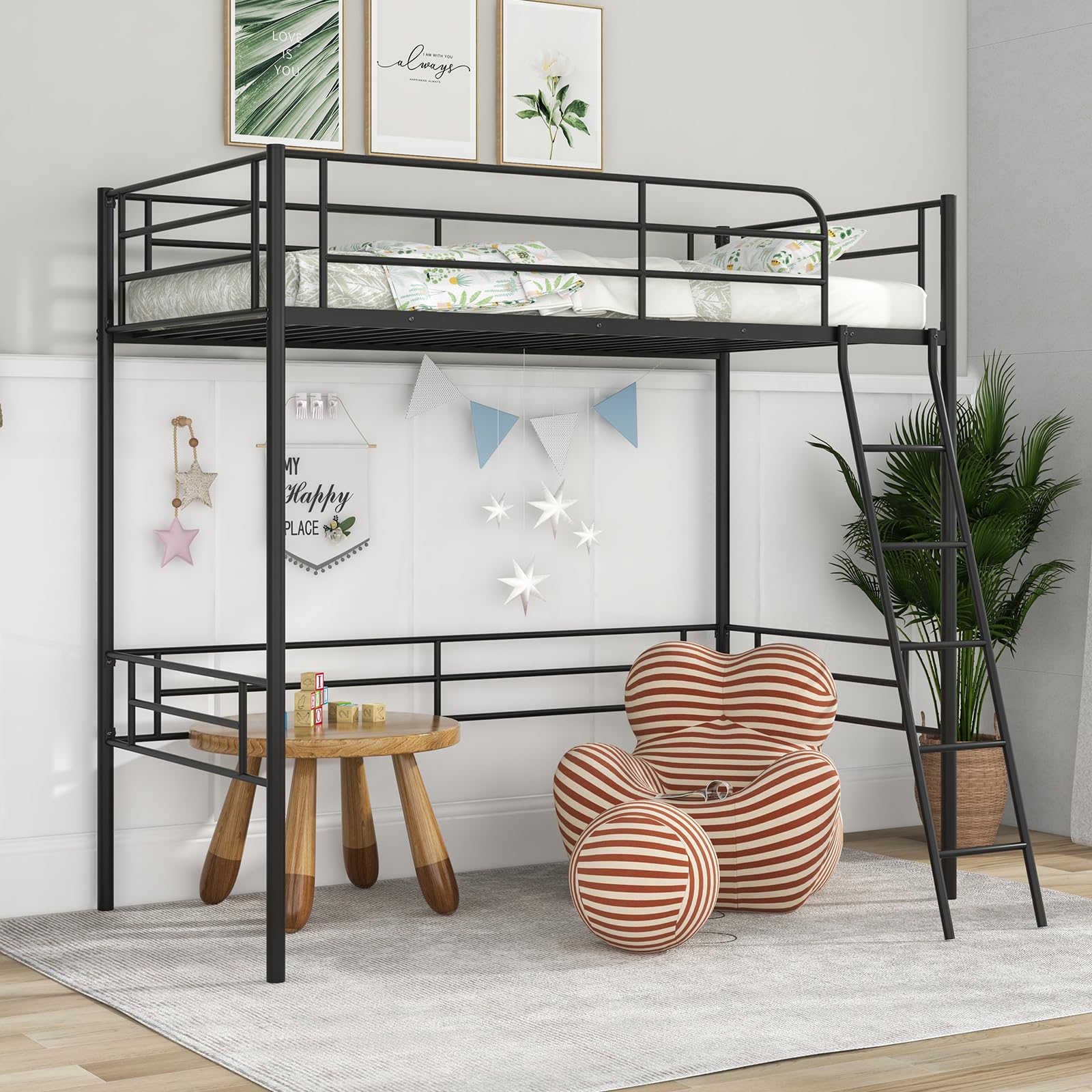 KOMFOTT Twin Metal Loft Bed Frame with Ladder