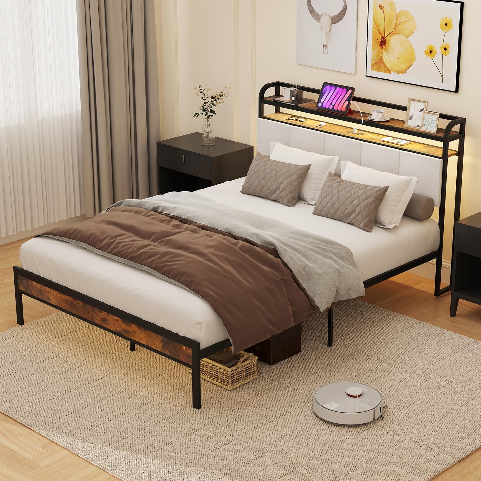 KOMFOTT Metal Bed Frame with Charging Station