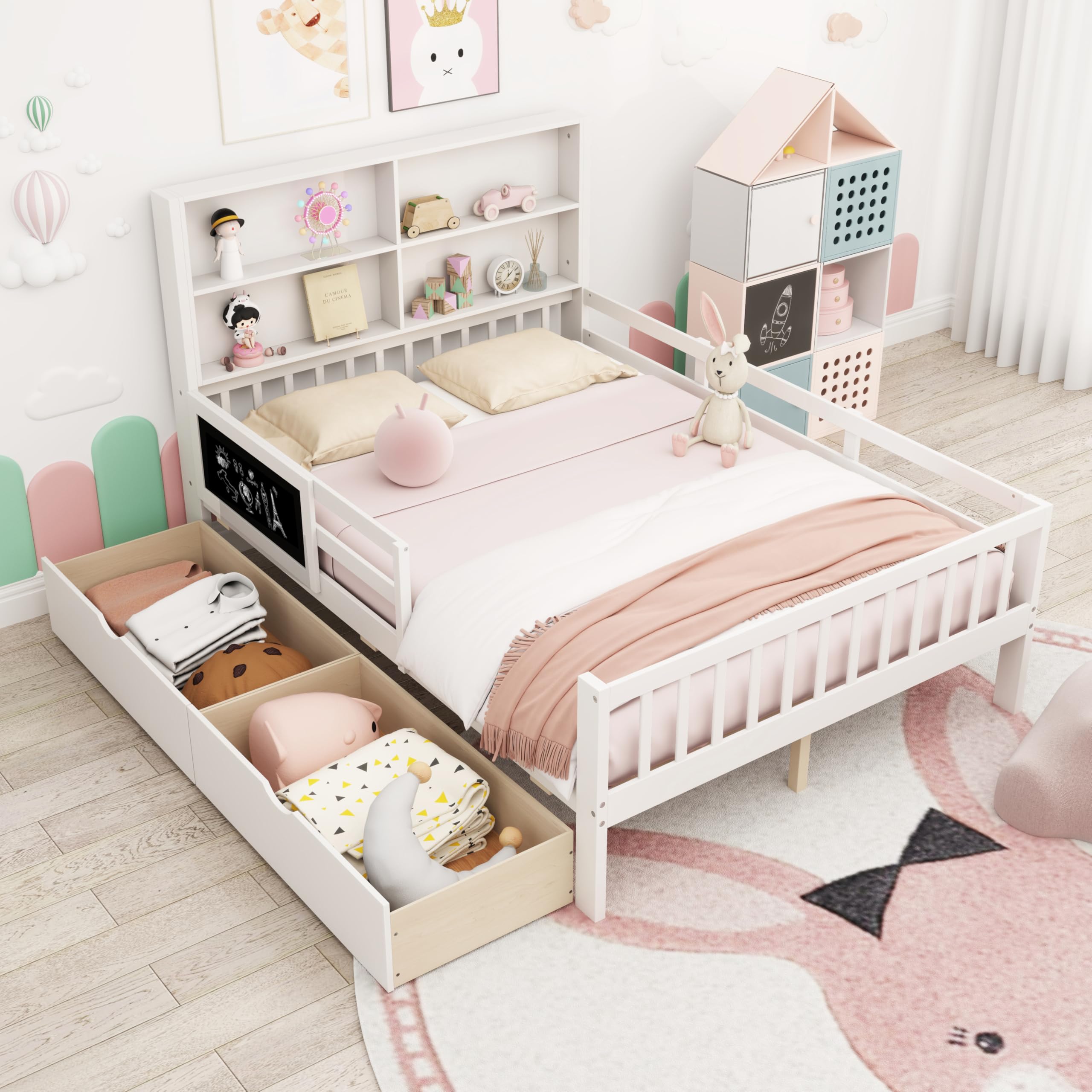 KOMFOTT Bed with Rails & 2 Storage Drawers