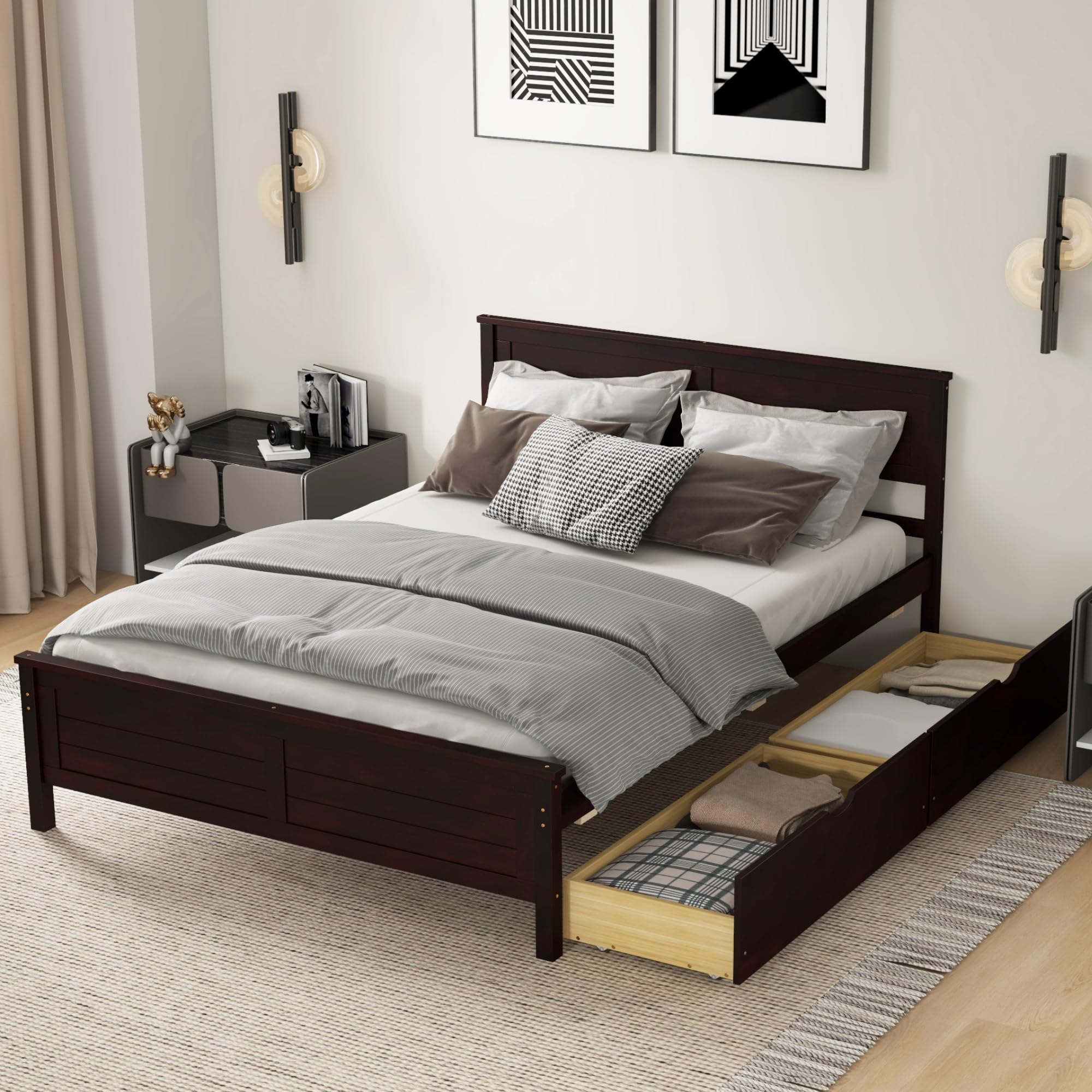 KOMFOTT Wood Bed Frame with 2 Storage Drawers