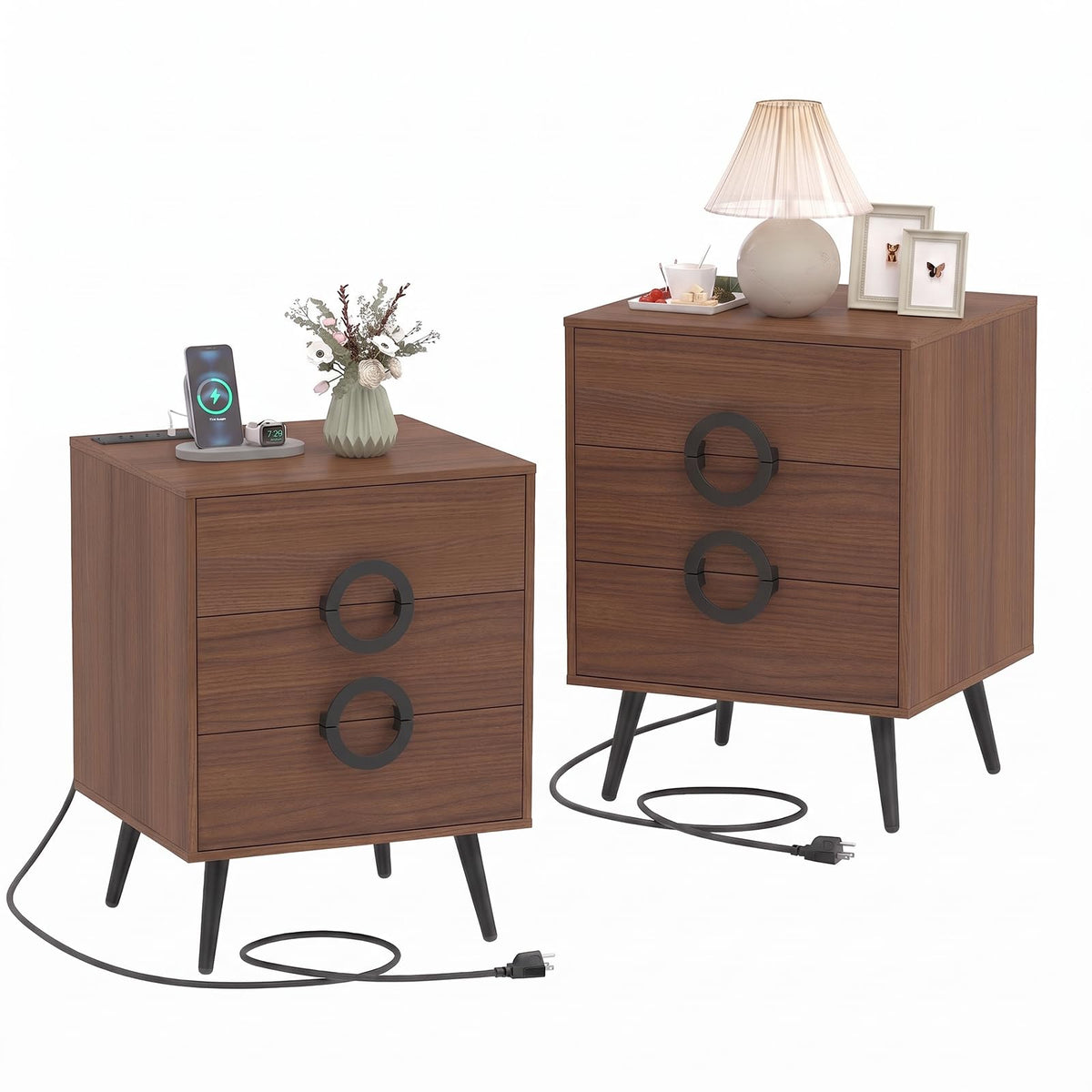 KOMFOTT Nightstand with 3 Drawers Bedside Table w/ Charging Station(18" x 16" x 23.5")