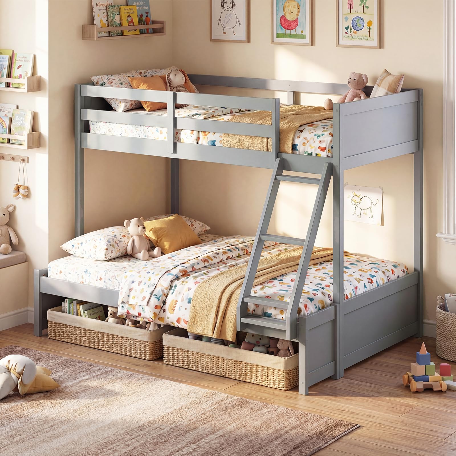 KOMFOTT Twin Over Full Bunk Bed with Full-Length Guardrails