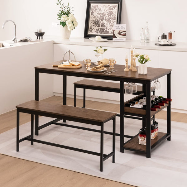 Dining Table Set for 4, 3-Piece 55" L Kitchen Table Set w/ 2 Benches, Breakfast Table w/ 5-Bottle Wine Rack & Glass Holder