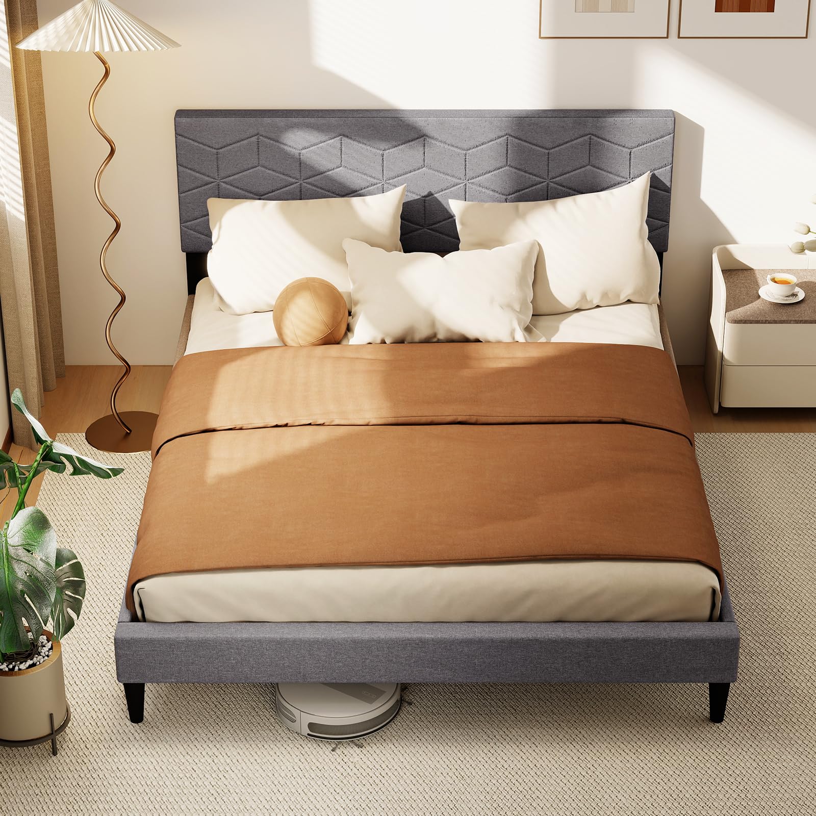KOMFOTT Upholstered Bed Frame with Linen Fabric Headboard