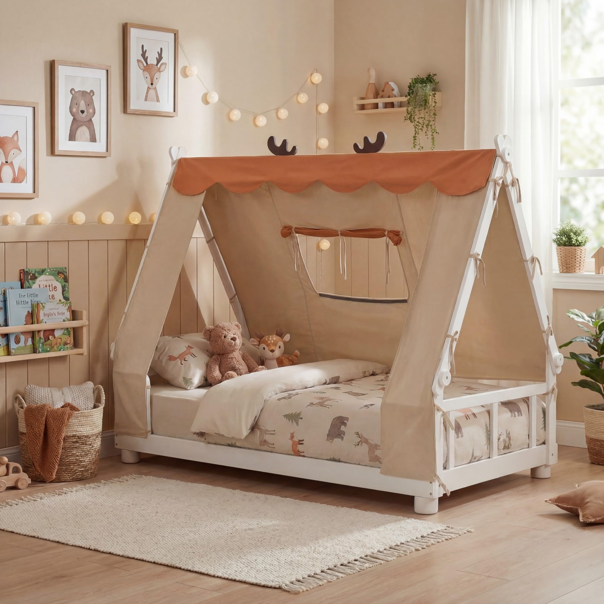 KOMFOTT Twin Floor House Bed with Tent Wood Bed Frame