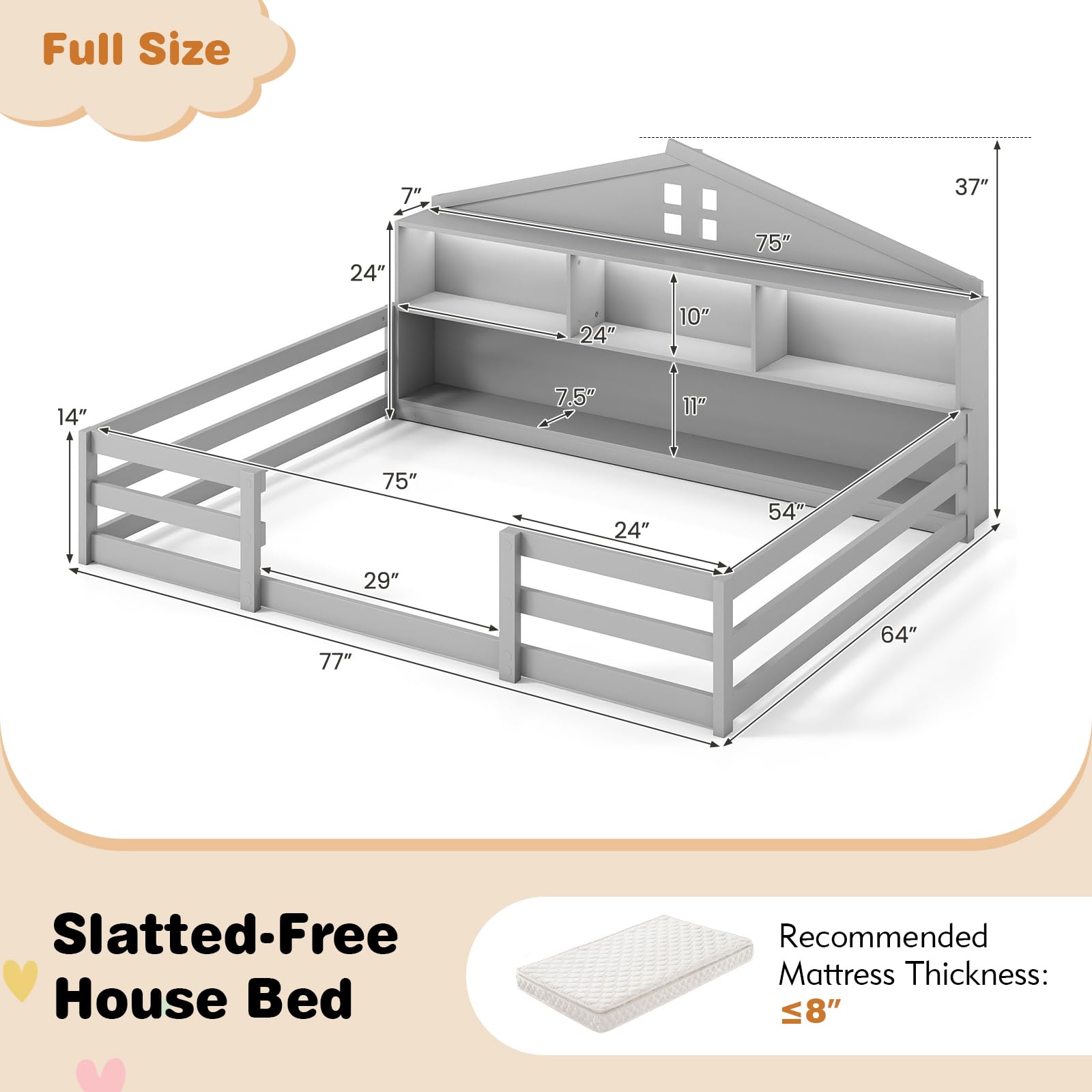 KOMFOTT Twin/Full Floor Bed with Bookcase & LED Light & Fence