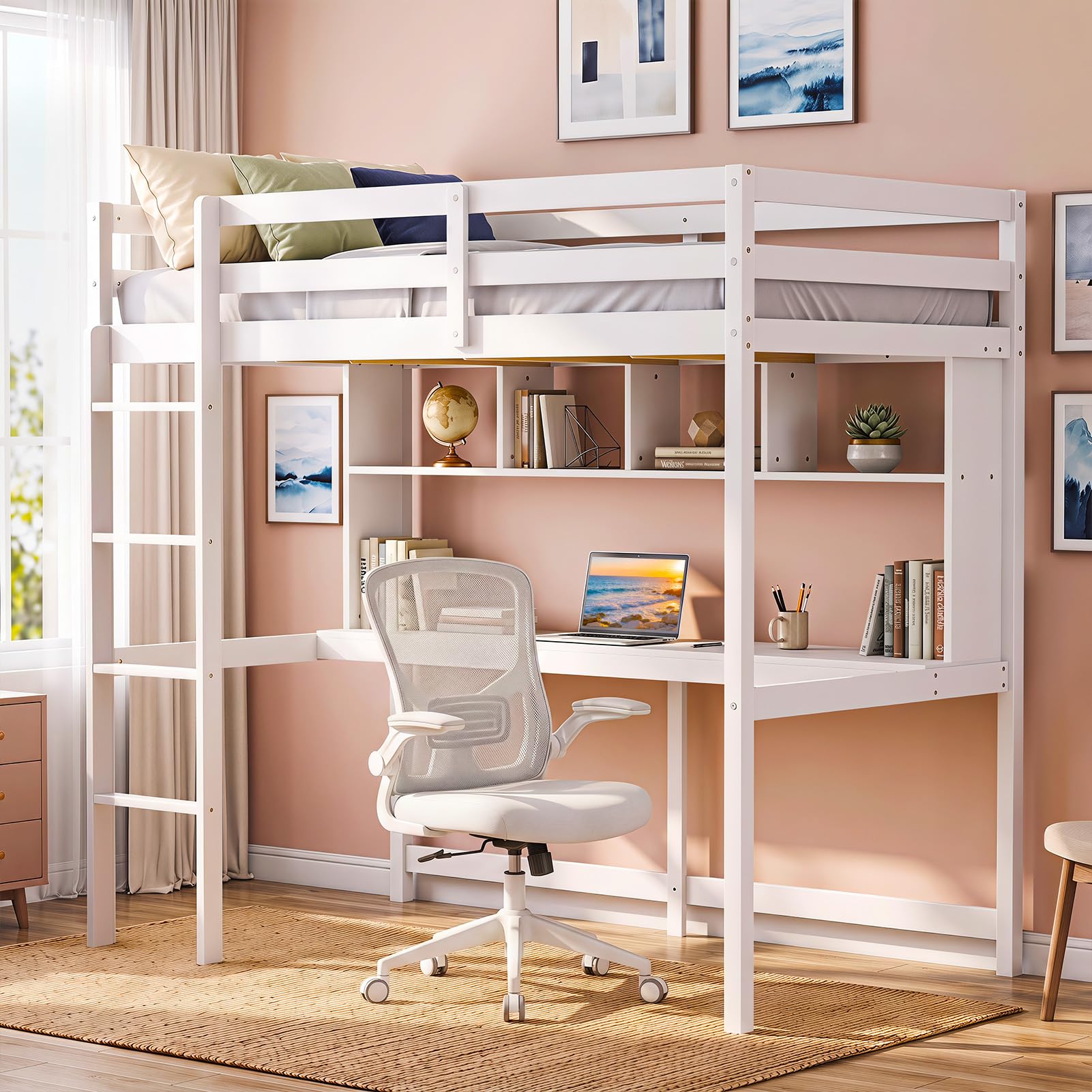 KOMFOTT Loft Bed with Desk & Bookcase Twin Bed Frame ( White )