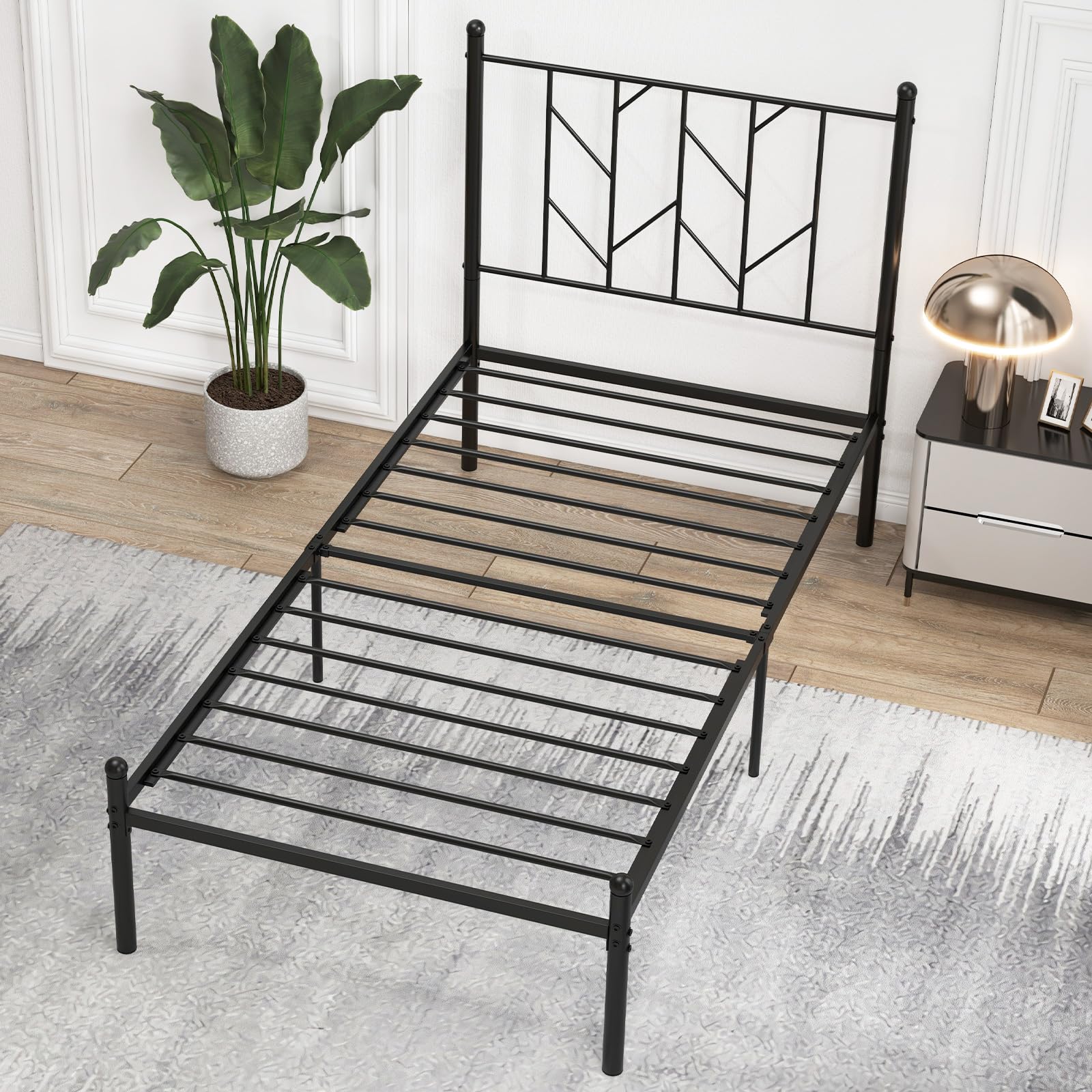 KOMFOTT Metal Bed Frame with Victorian Style Headboard, 14 Metal Slats Support