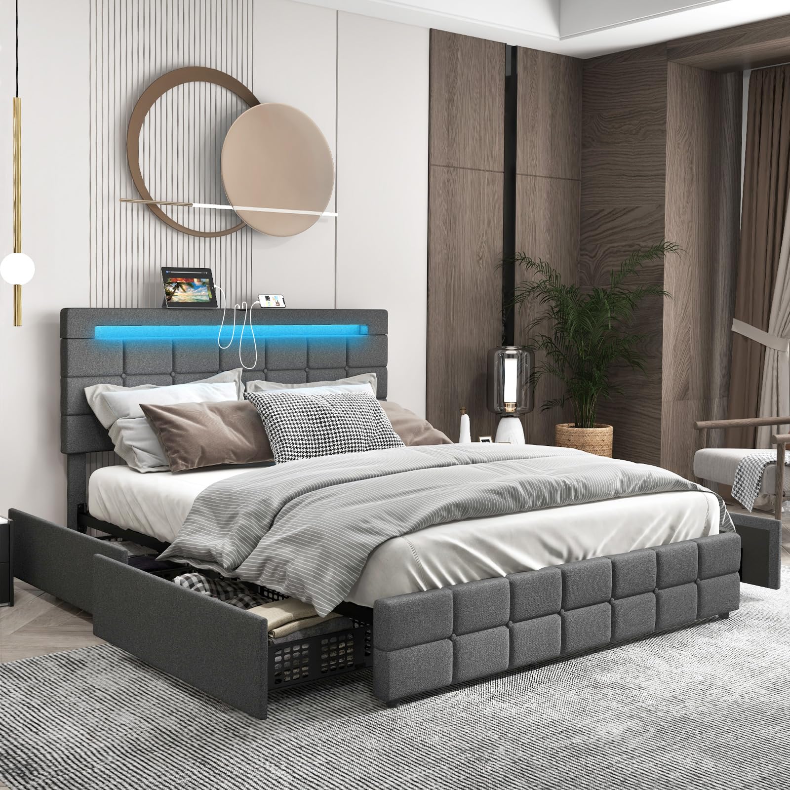 KOMFOTT Upholstered Bed Frame with LED Lights and 4 Drawers, Height Adjustable Headboard with USB Ports