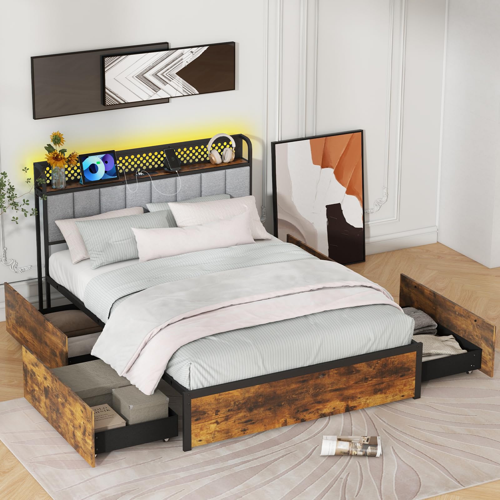 KOMFOTT Industrial LED Bed Frame with 4 Storage Drawers & Charging Station