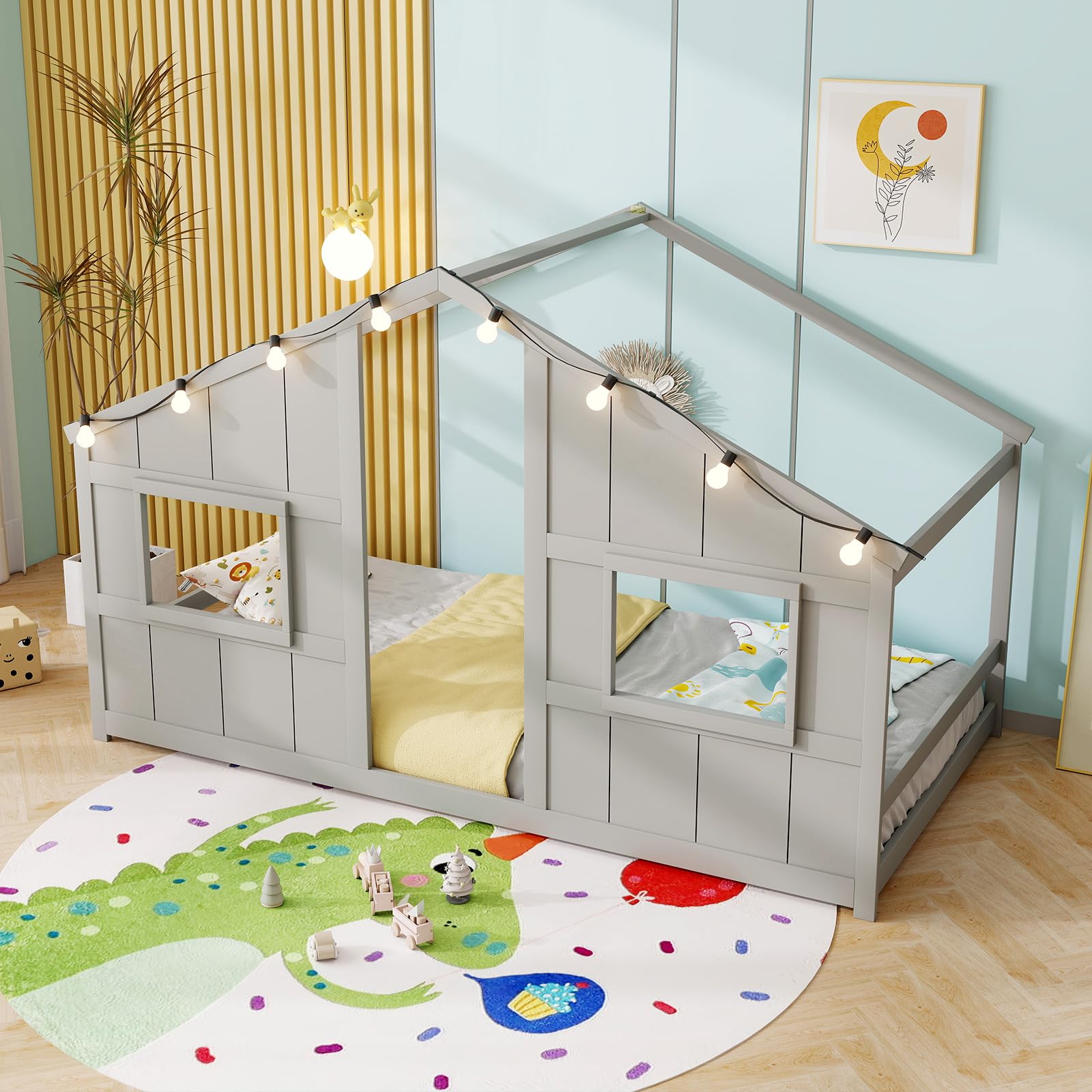 KOMFOTT Twin Floor House Bed with LED Lights