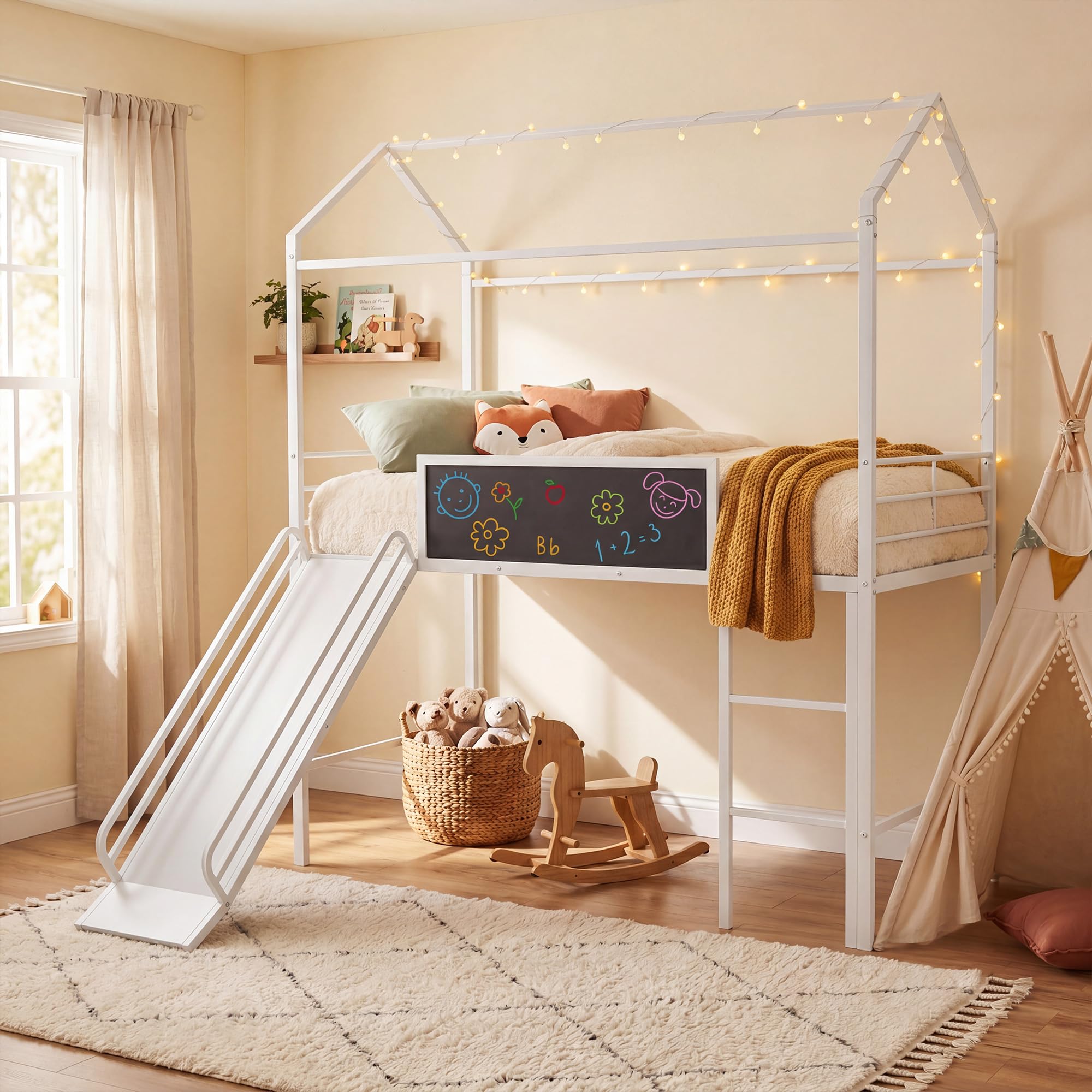 KOMFOTT Twin House Loft Bed for Kids House-Shaped Bed Frame Featuring Chalkboard