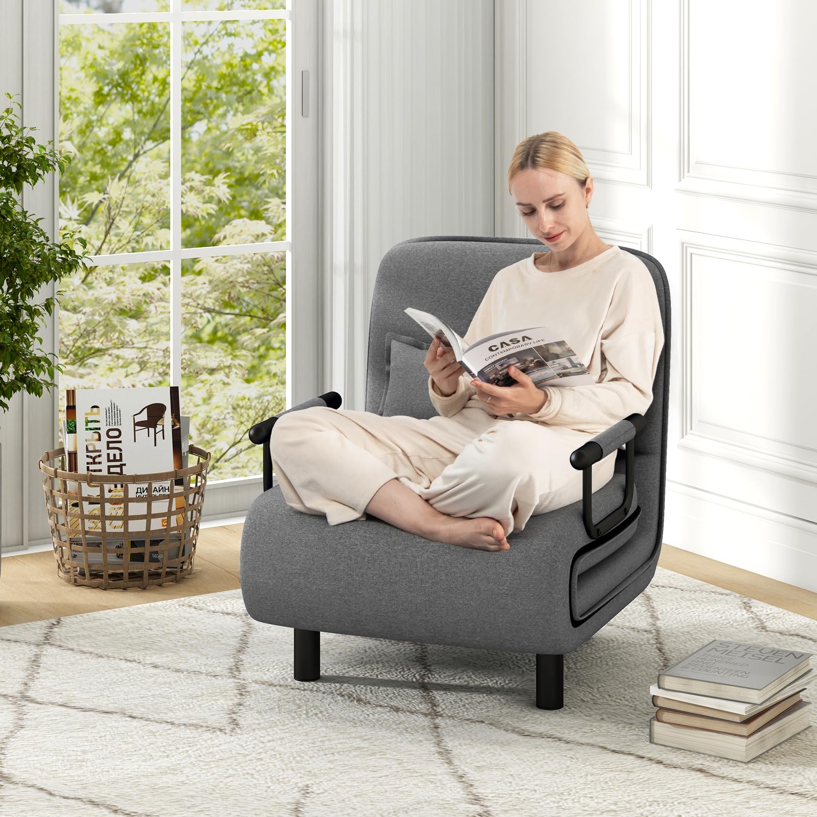 KOMFOTT Convertible Chair Bed with 5-Position Adjustable Backrest & Lumbar Pillow, 2 Hidden Metal Legs & 2 Lockable Casters