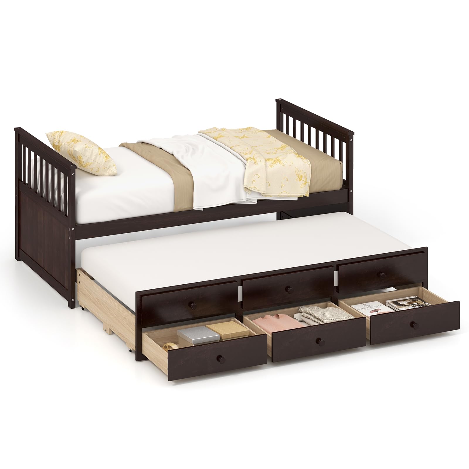 KOMFOTT Twin Captain’s Bed with Trundle Bed, Wood Storage Daybed with 3 Storage Drawers