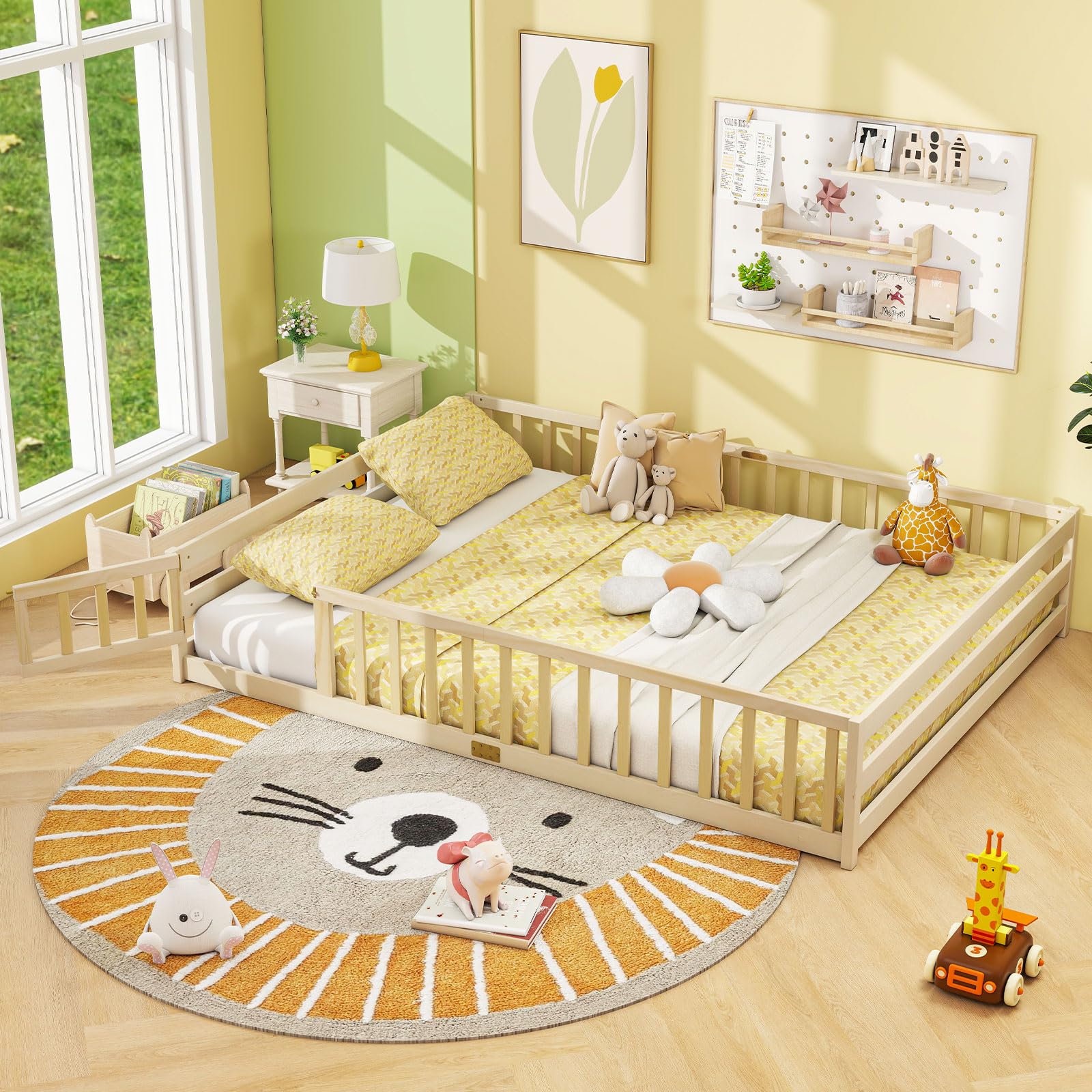 KOMFOTT Twin Floor Bed with Door & Fence, Kids Wood Montessori Bed with Safety Guardrails