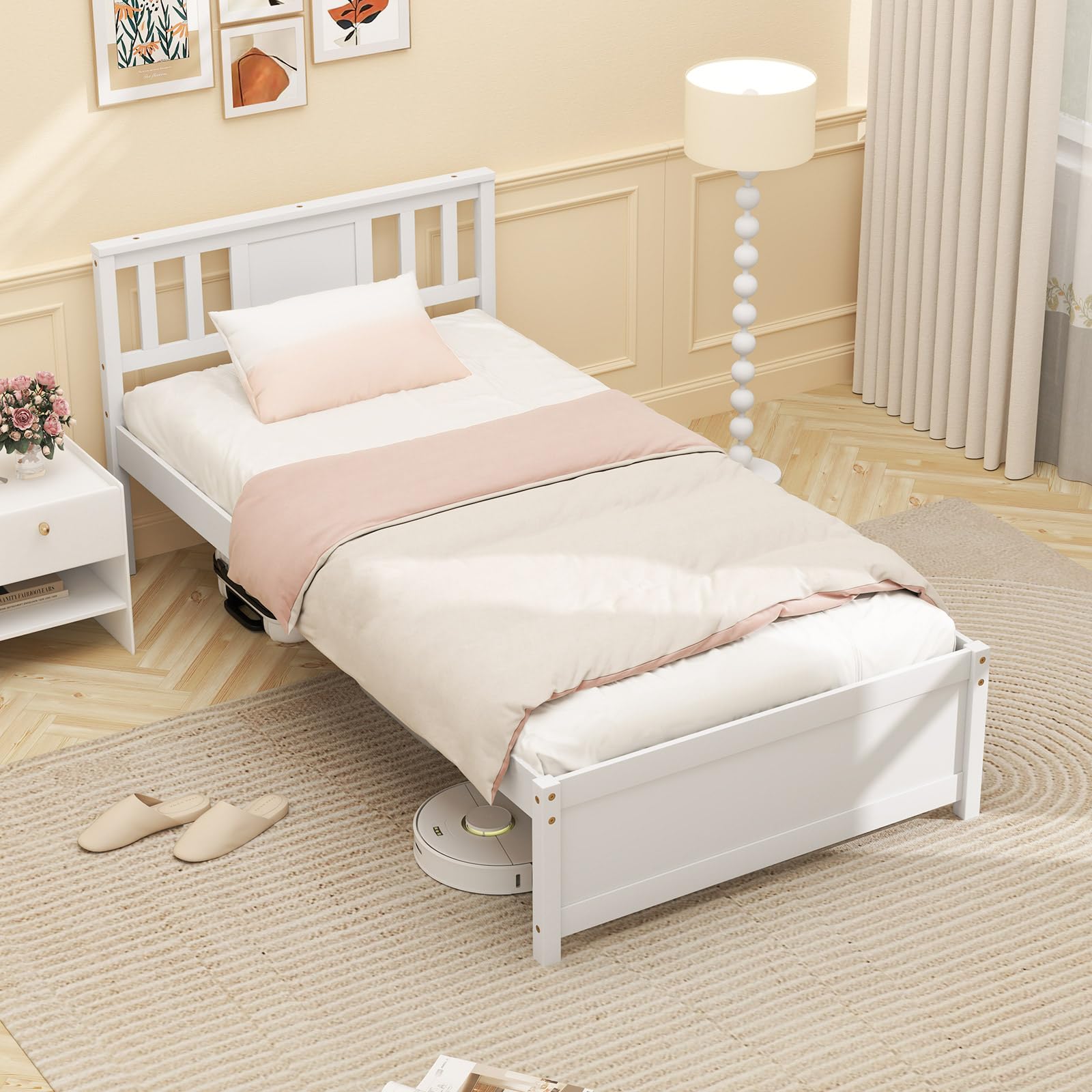KOMFOTT  Wood Platform Bed Frame with Headboard Solid Wood Platform Bed
