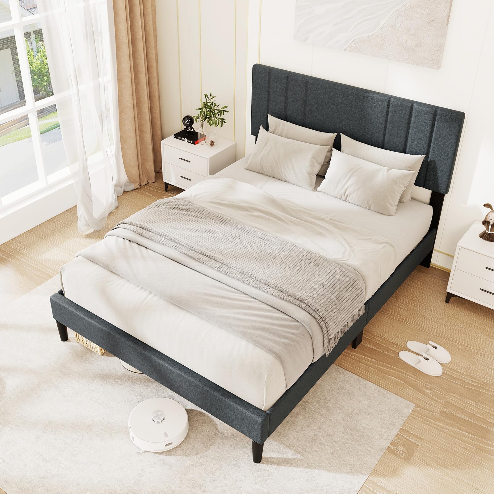 KOMFOTT Upholstered Platform Bed Frame(Vertical Channel Tufted)