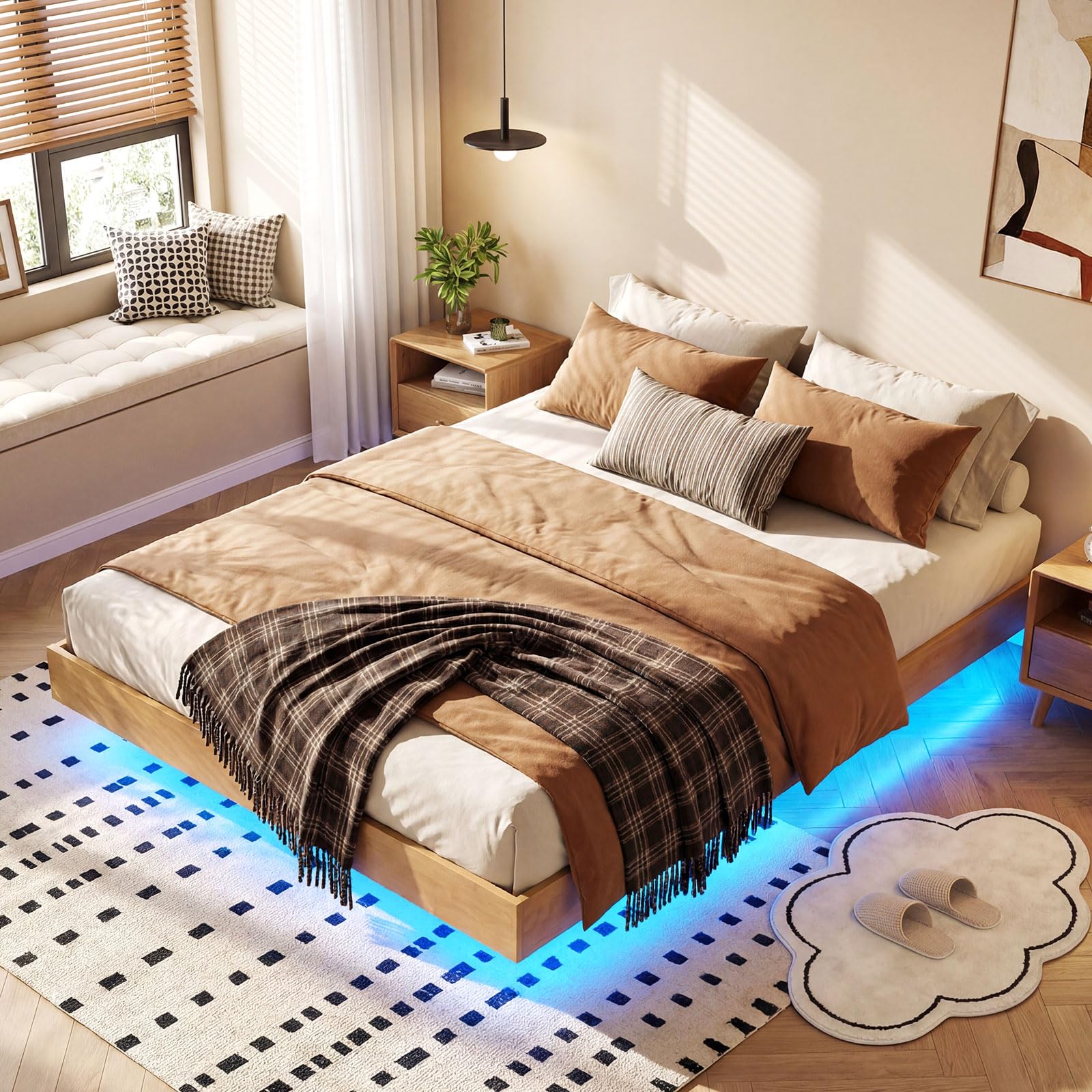 KOMFOTT Queen/Full/Twin Size Wood Floating Bed Frame with LED Lights