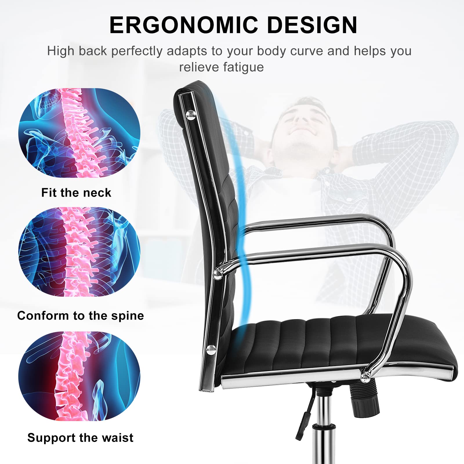 KOMFOTT Ribbed Office Chair, Ergonomic Modern Leather Desk Chair with Adjustable Height & Arms, Swivel Mid Back Executive Conference Room Chairs