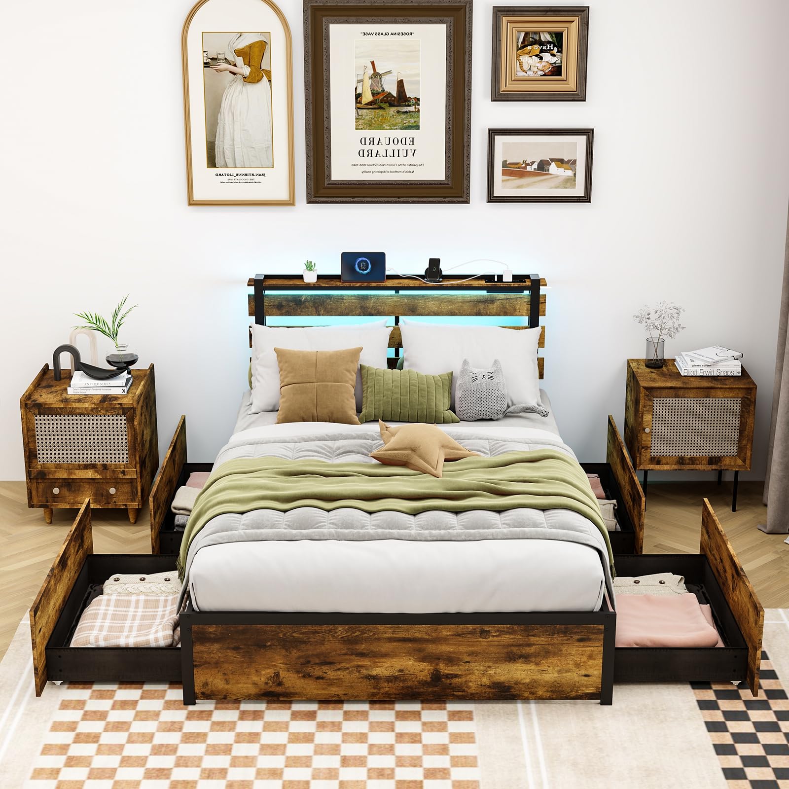 KOMFOTT Industrial Bed Frame with 4 Drawers & LED Lights Headboard