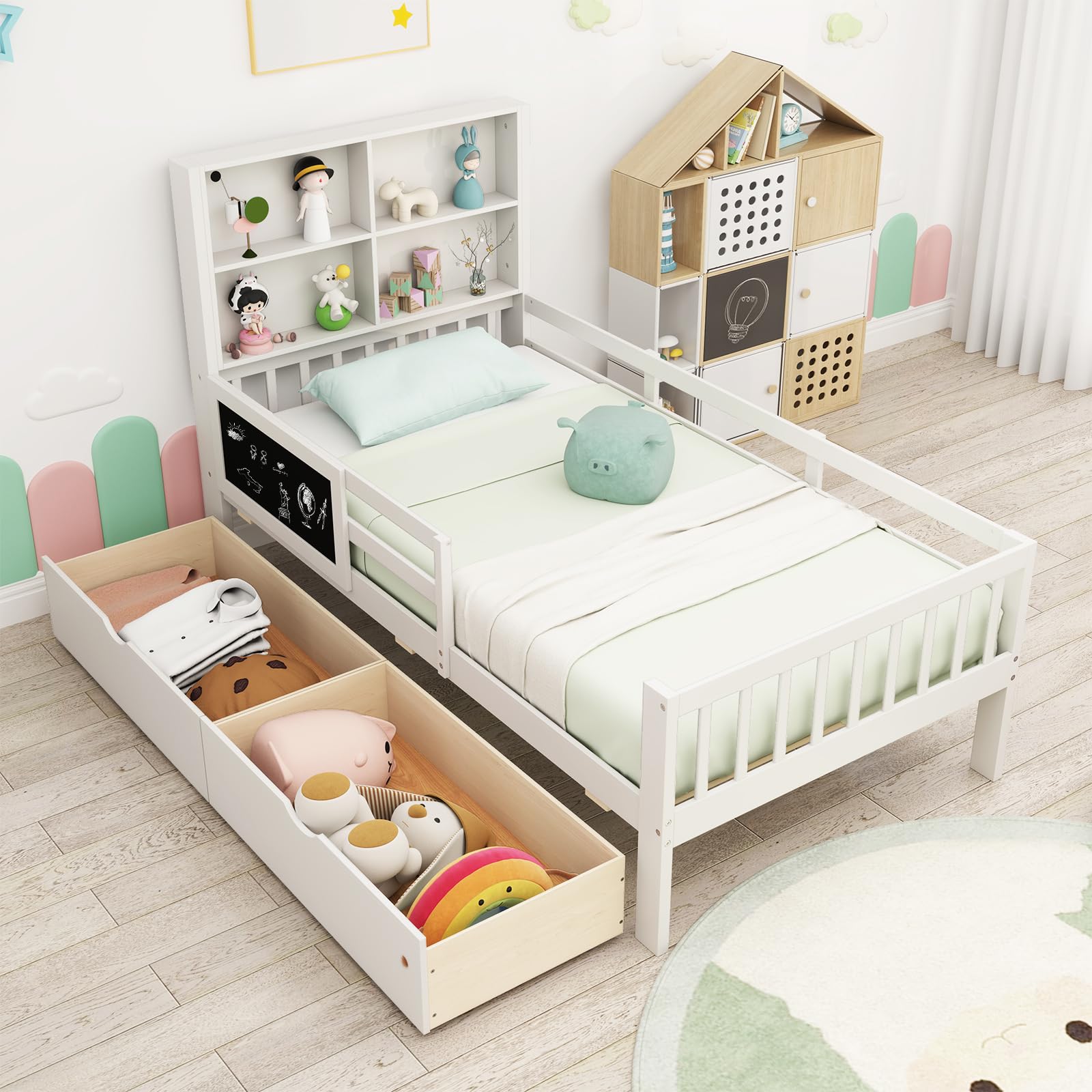 KOMFOTT Bed with Rails & 2 Storage Drawers