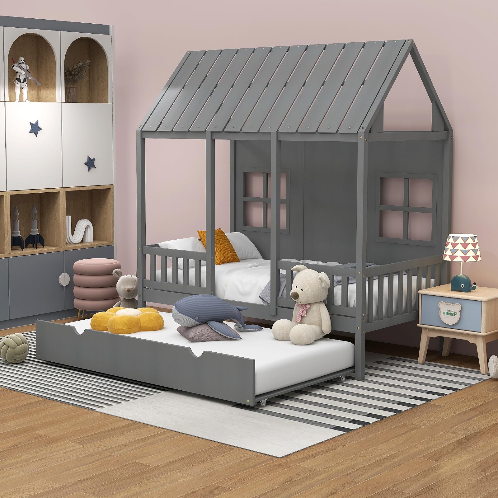 KOMFOTT Twin Size House Bed with Trundle Wood Kid’s House Bed Frame